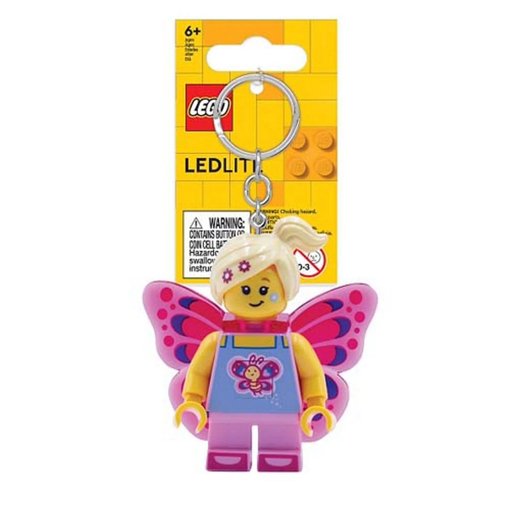 A LEGO LEDLITE Pillangólány kulcstartó eredeti csomagolásban, sárga háttérrel, LEGO logóval és LEDLITE felirattal, világító funkcióval ellátott figurával.