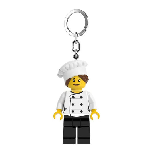 LEGO LED-es Szakács kulcstartó – fehér szakácssapkás, fekete nadrágos minifigura fém kulcskarika rögzítéssel, beépített LED-fénnyel.