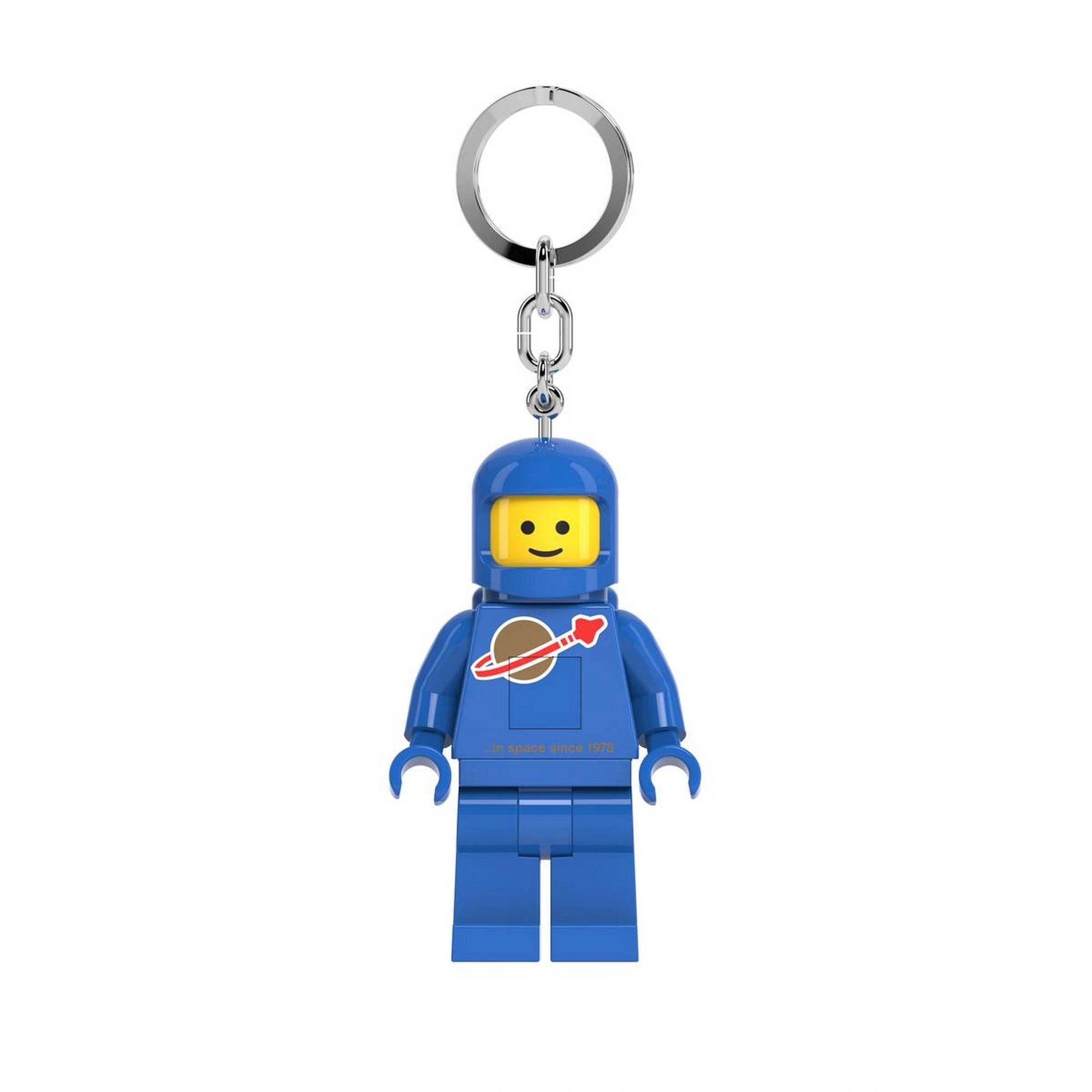Űrhajós világító kulcstartó, kék LEGO minifigura fém lánccal és karikával, fehér háttéren