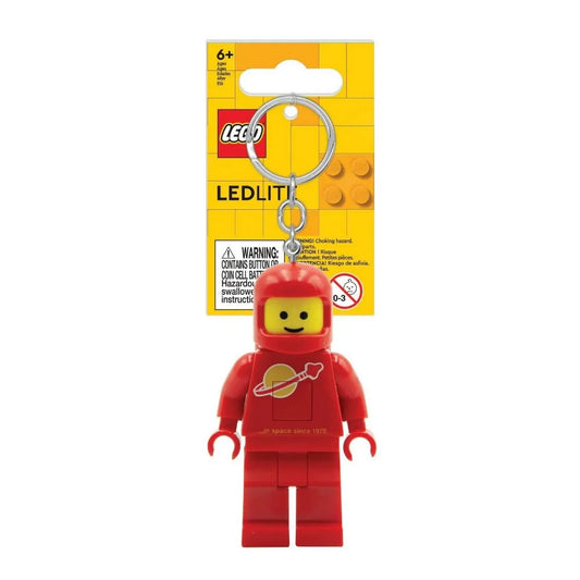 Piros LEGO űrhajós világító kulcstartó eredeti csomagolással, LEDLITE felirattal és fém karikával