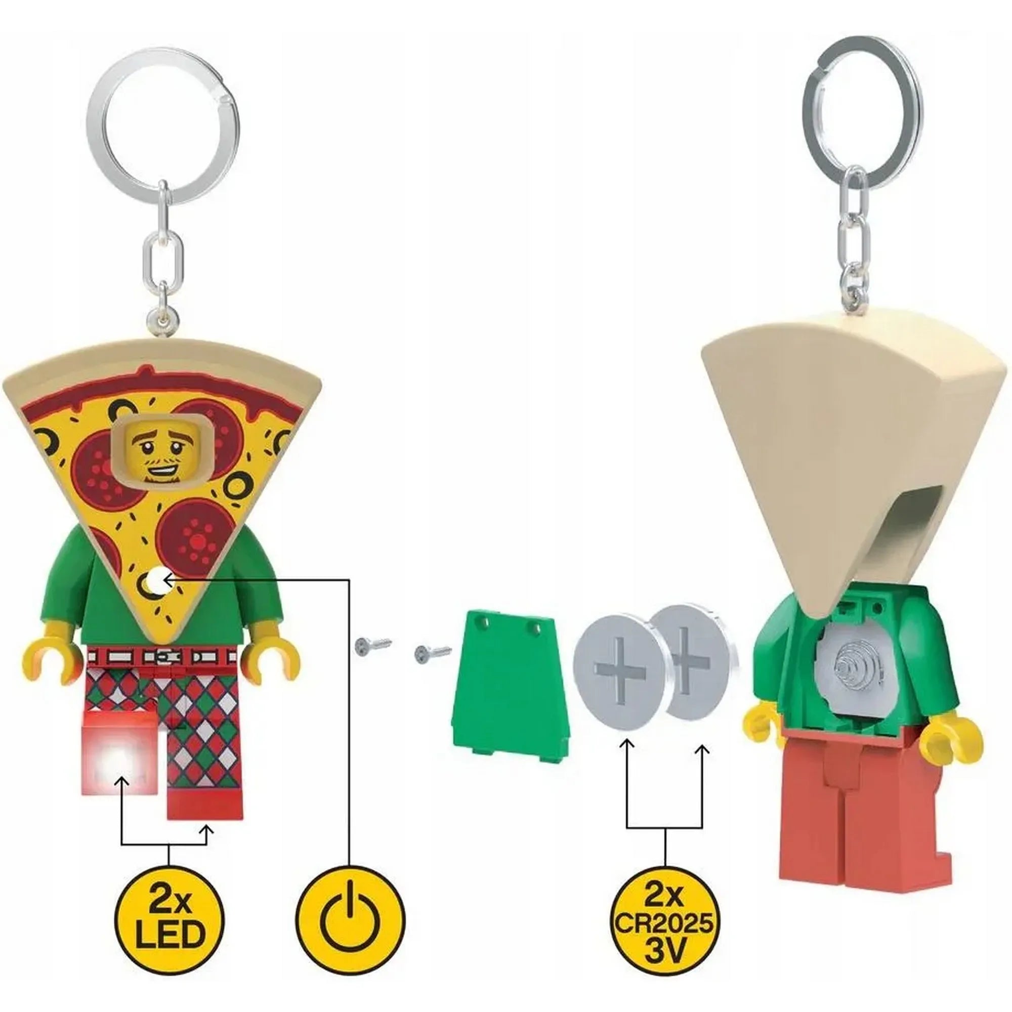 A LEGO Pizza kosztümös figura LED kulcstartó (LGL-KE176H) elölről és hátulról, szétszedett állapotban, az elemek és a LED világítás működésének bemutatásával.