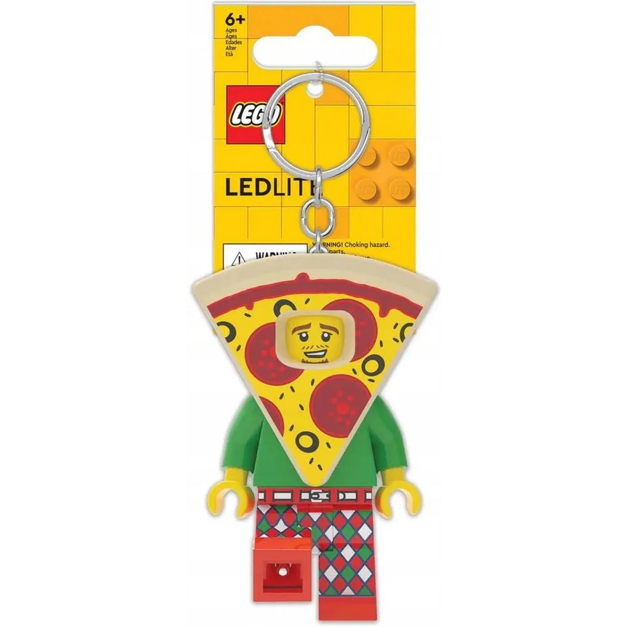 A LEGO Pizza kosztümös figura LED kulcstartó (LGL-KE176H) eredeti csomagolásban, sárga LEGO háttérrel és logóval.