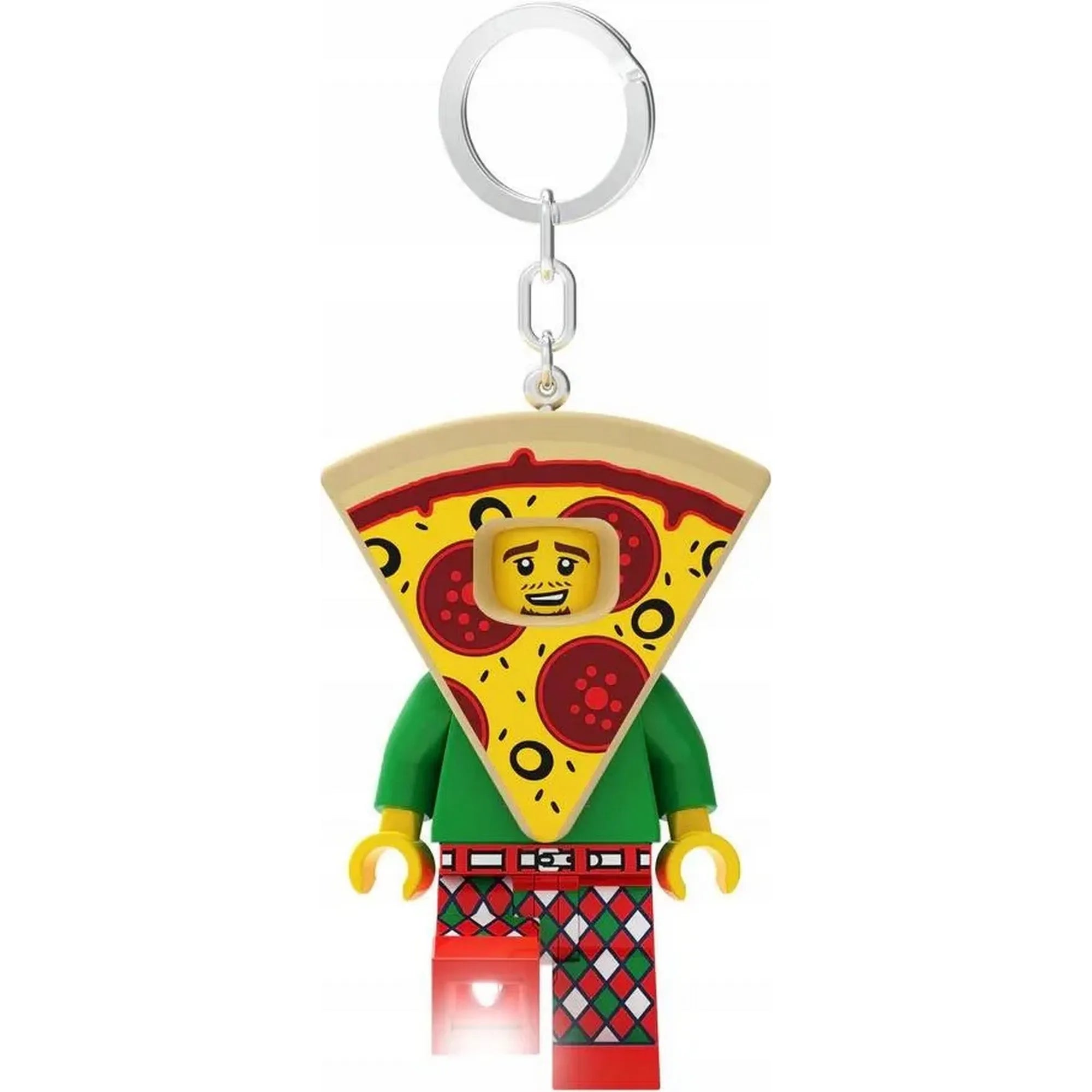 A LEGO Pizza kosztümös figura LED kulcstartó (LGL-KE176H) előlnézetben, bekapcsolt lámpával, részletesen látható a pizzaszelet jelmez és a színes nadrág.