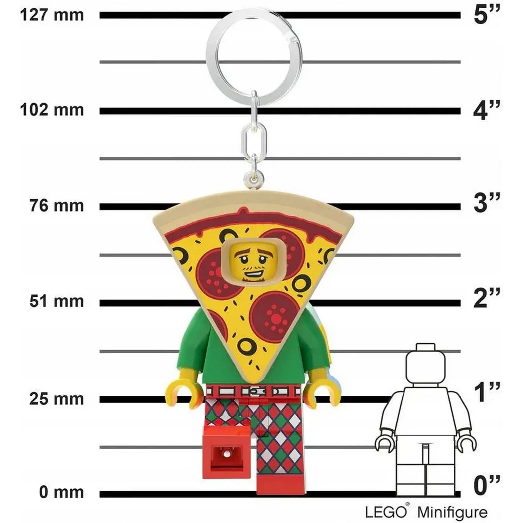 A LEGO Pizza kosztümös figura LED kulcstartó (LGL-KE176H) méretarányos képe, milliméteres jelöléssel az 5 hüvelykes magasság bemutatására.