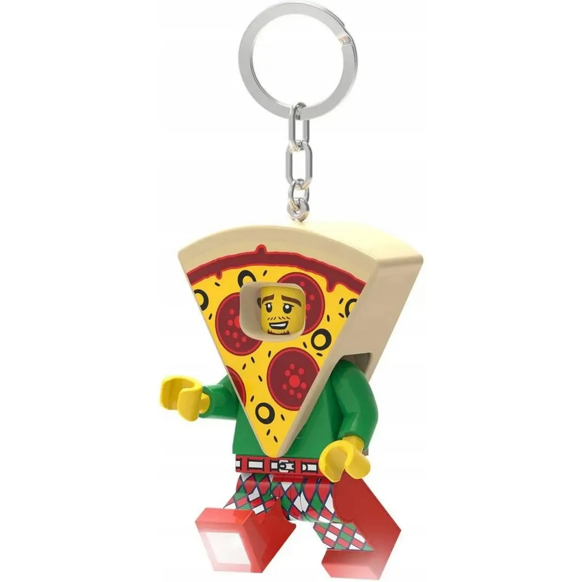 A LEGO Pizza kosztümös figura LED kulcstartó (LGL-KE176H) oldalnézetben, a lábába épített LED fény bekapcsolt állapotban látható.