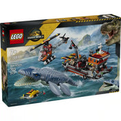 Doboz eleje: LEGO Jurassic World A mosasaurus támadása (77983) készlet doboza Mosasaurus figurával, kutatóhajóval és helikopterrel.
