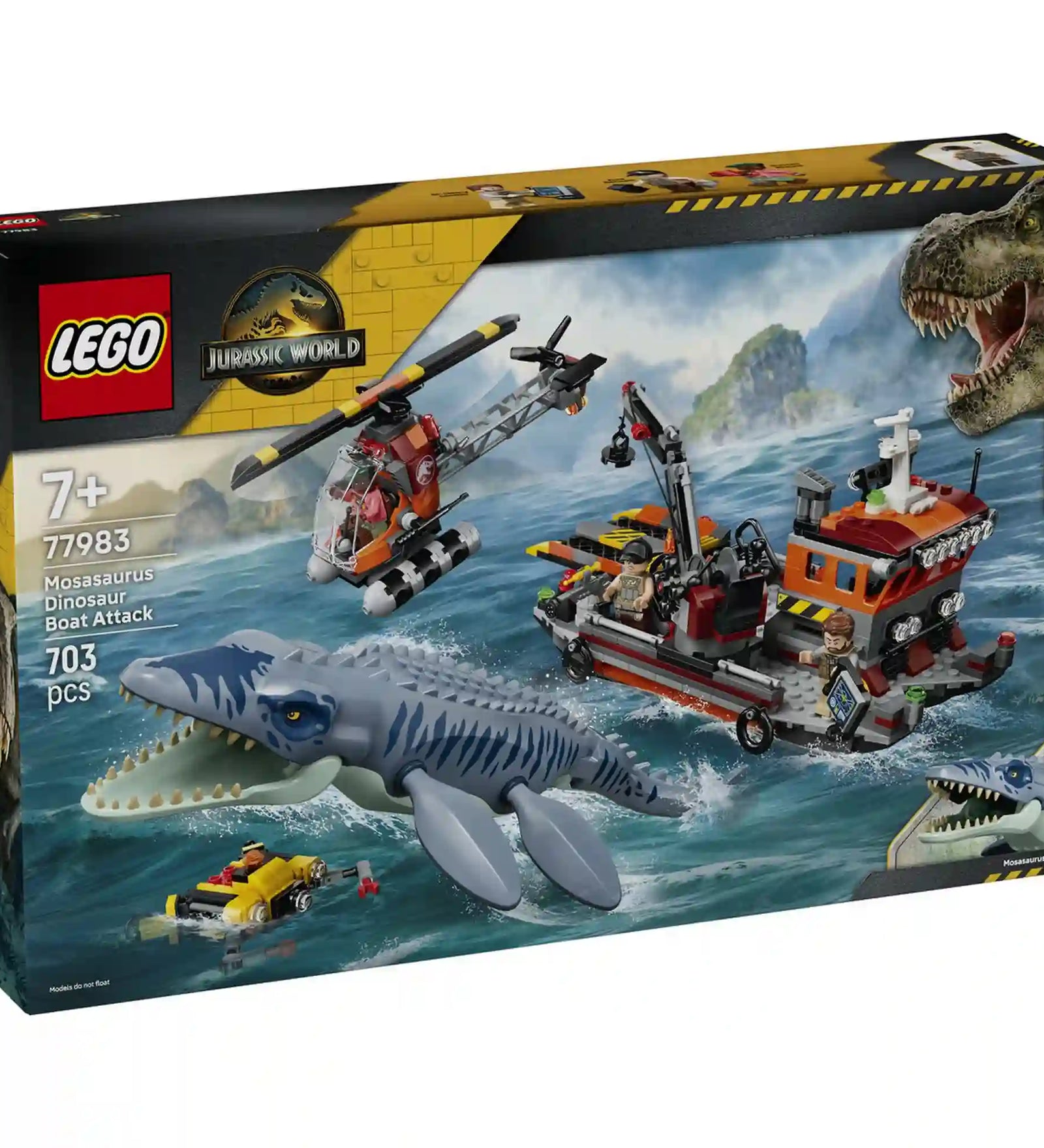 Doboz eleje: LEGO Jurassic World A mosasaurus támadása (77983) készlet doboza Mosasaurus figurával, kutatóhajóval és helikopterrel.