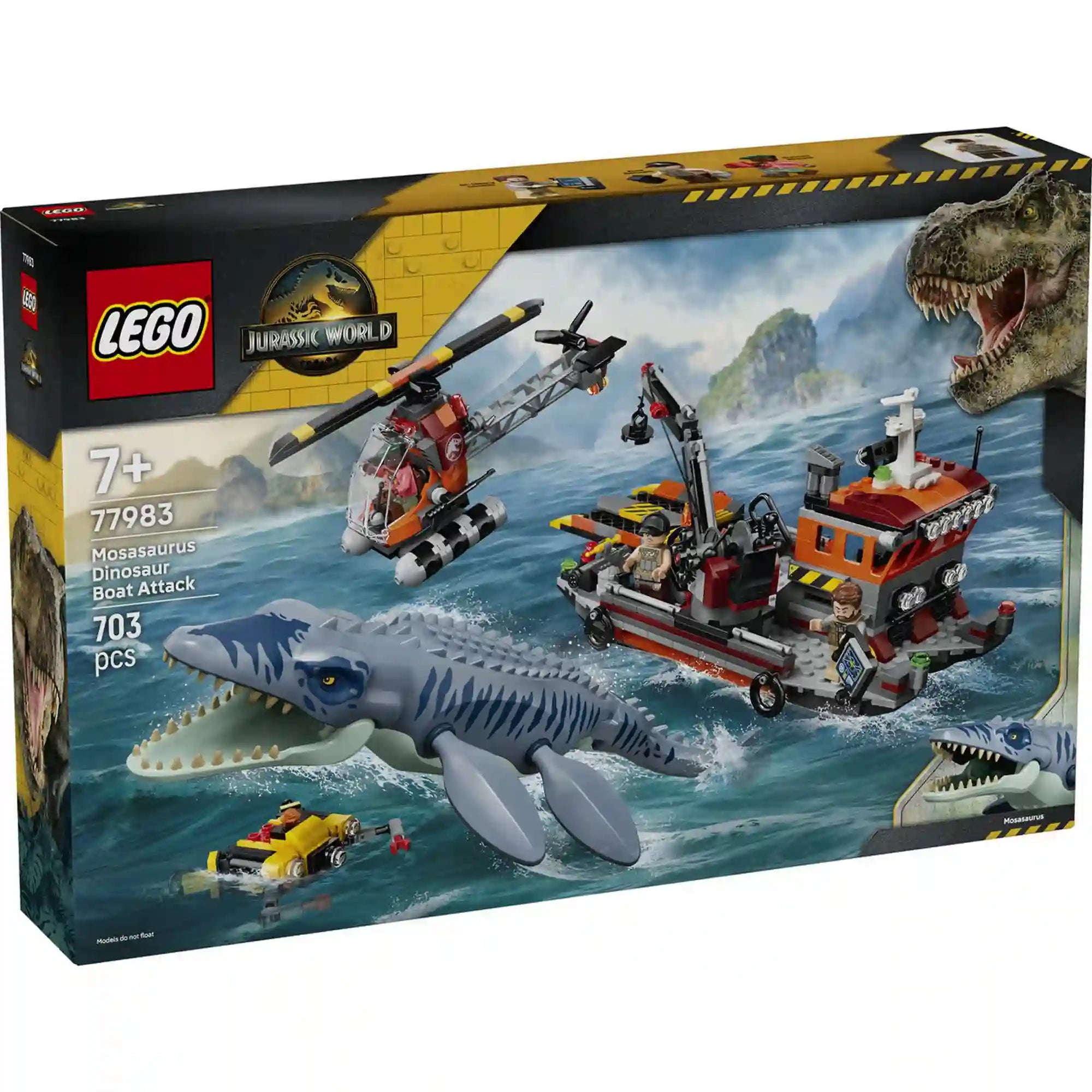 Doboz eleje: LEGO Jurassic World A mosasaurus támadása (77983) készlet doboza Mosasaurus figurával, kutatóhajóval és helikopterrel.