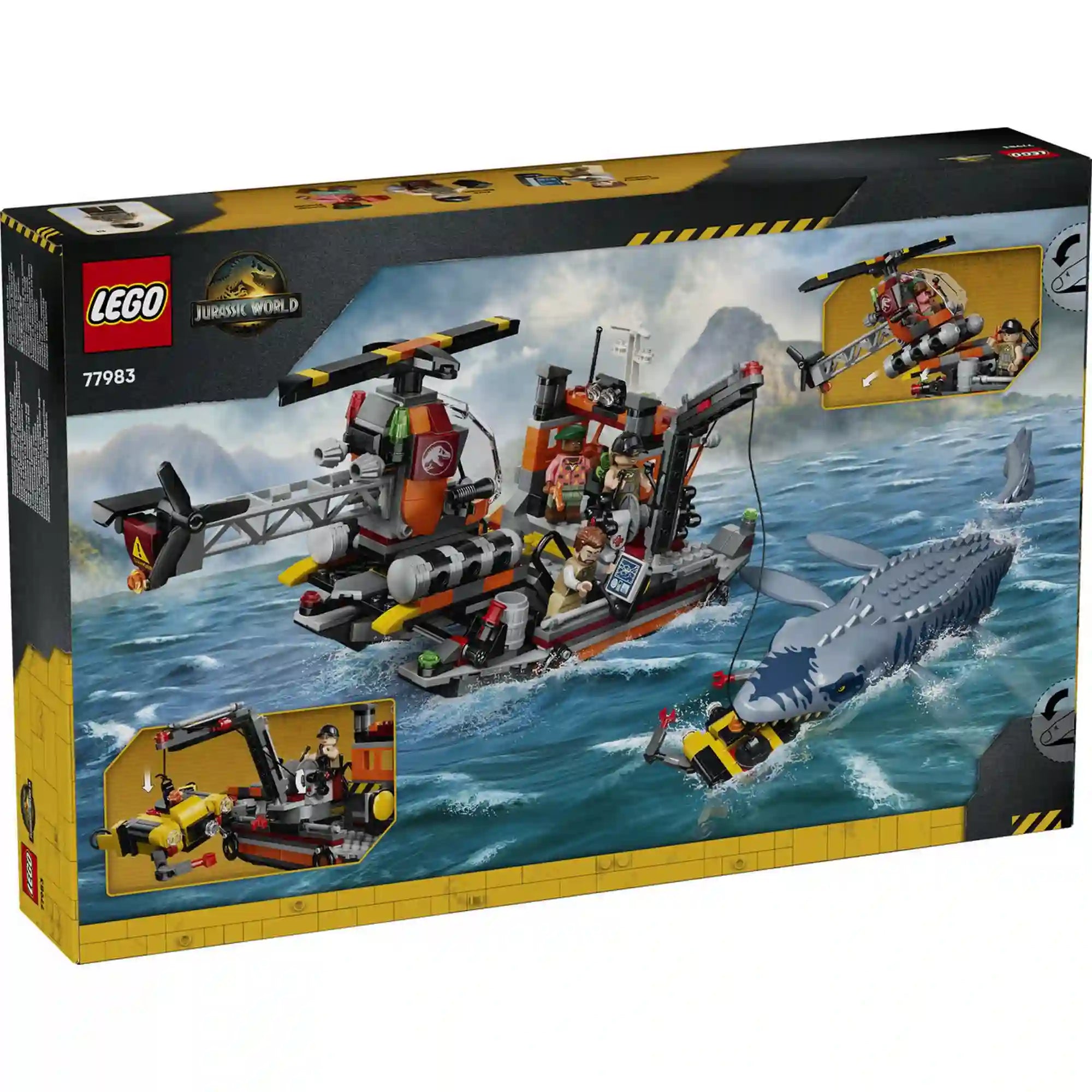 Doboz hátulja: A LEGO Jurassic World A mosasaurus támadása készlet hátoldala, amely bemutatja a hajó, a Mosasaurus és a játékelemek funkcióit.