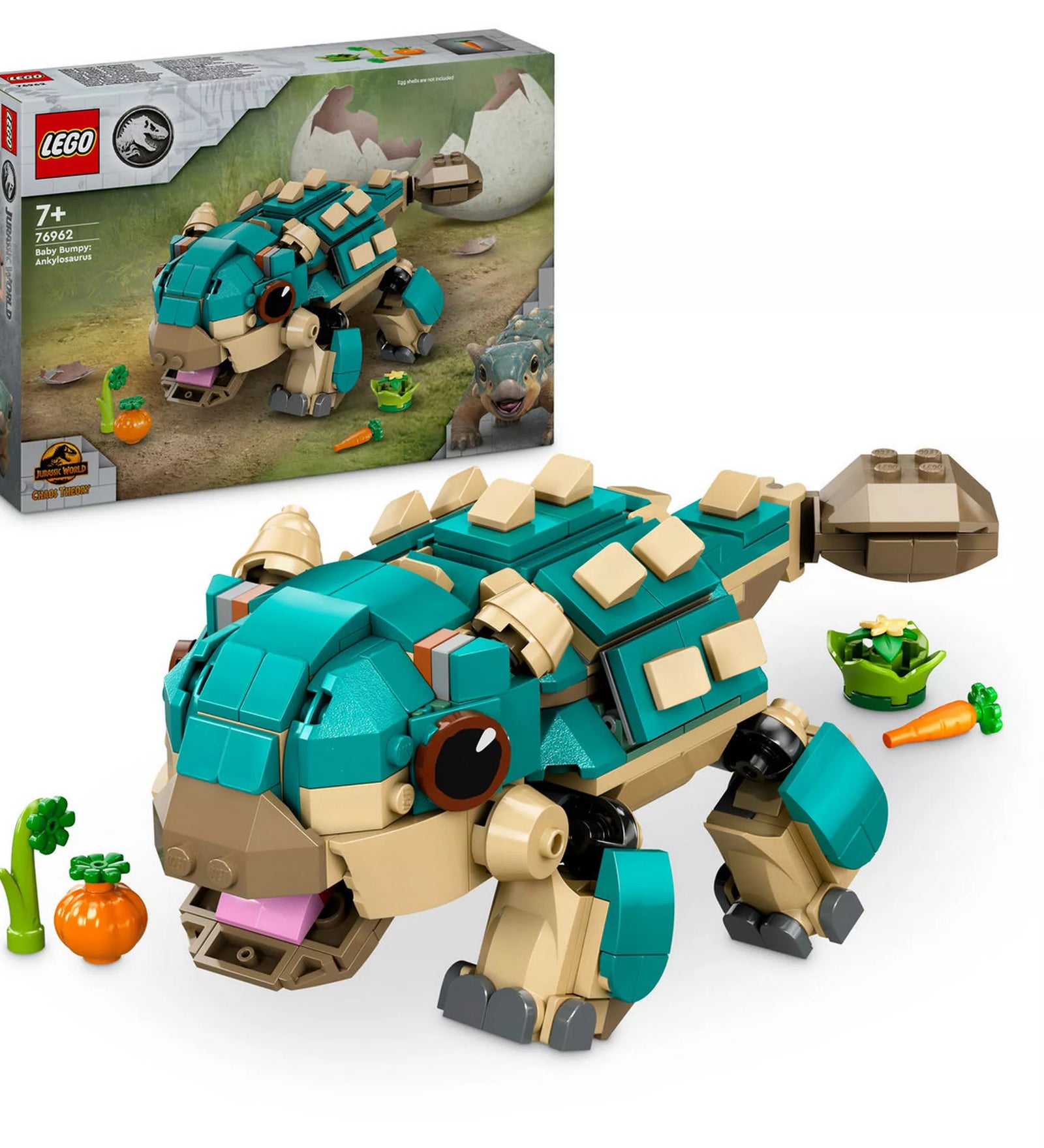 „A LEGO Jurassic World 76962 Bumpy bébidínó – Ankylosaurus készlet doboza a megépített dínófigurával és a mellékelt zöldségkiegészítőkkel együtt, fehér háttér előtt.”