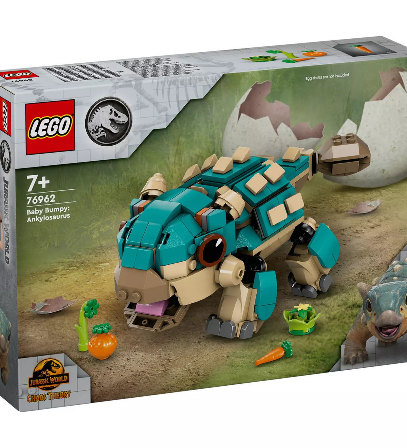 „A LEGO Jurassic World 76962 Bumpy bébidínó – Ankylosaurus készlet doboza, rajta a kék-zöld bébidínó figurával, feltört dínótojással és zöldségkiegészítőkkel.”