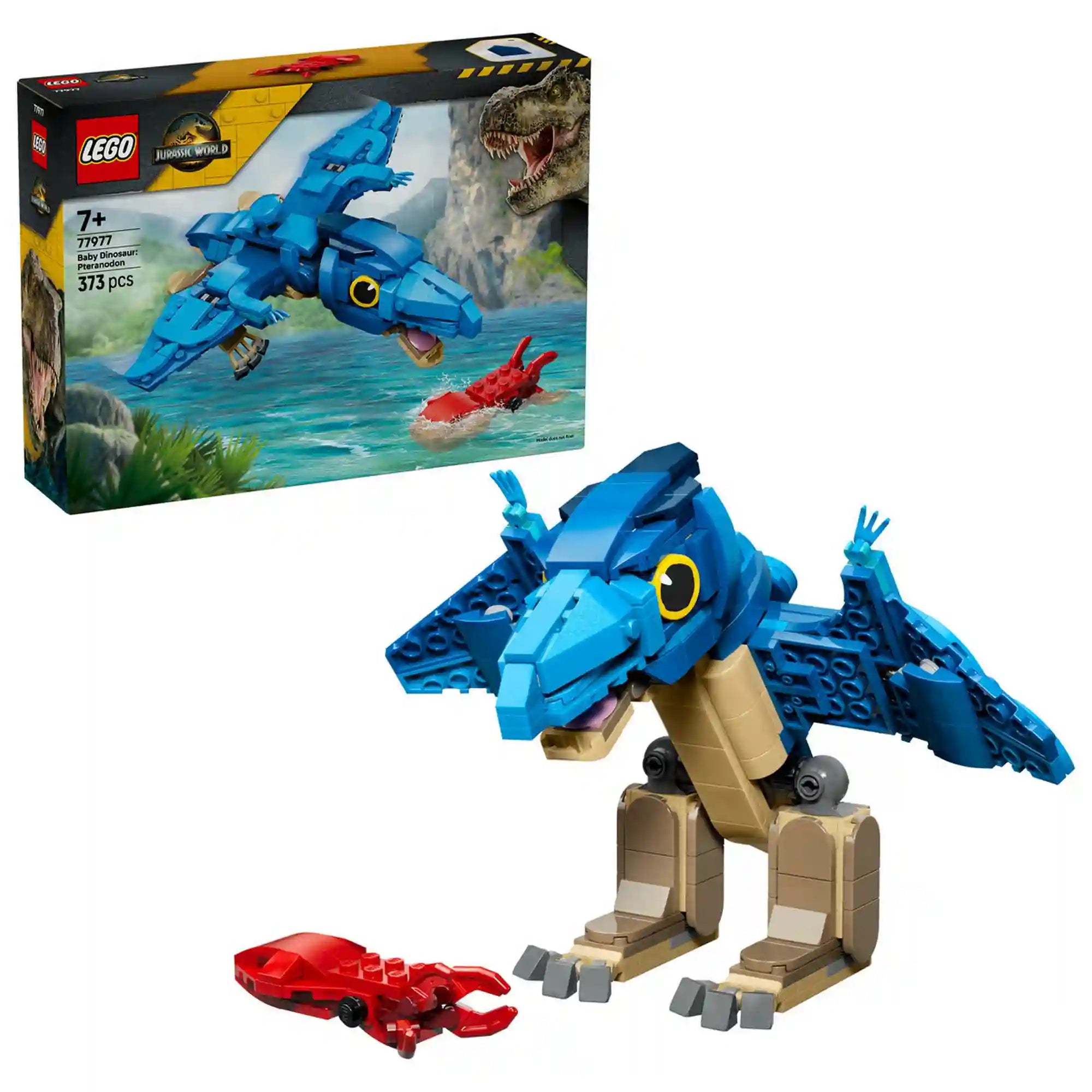 Termék és doboz együtt: LEGO Jurassic World Bébi pteranodon (77977) készlet a dobozzal, a megépített dinoszaurusz figurával és a piros tintahal kiegészítővel.