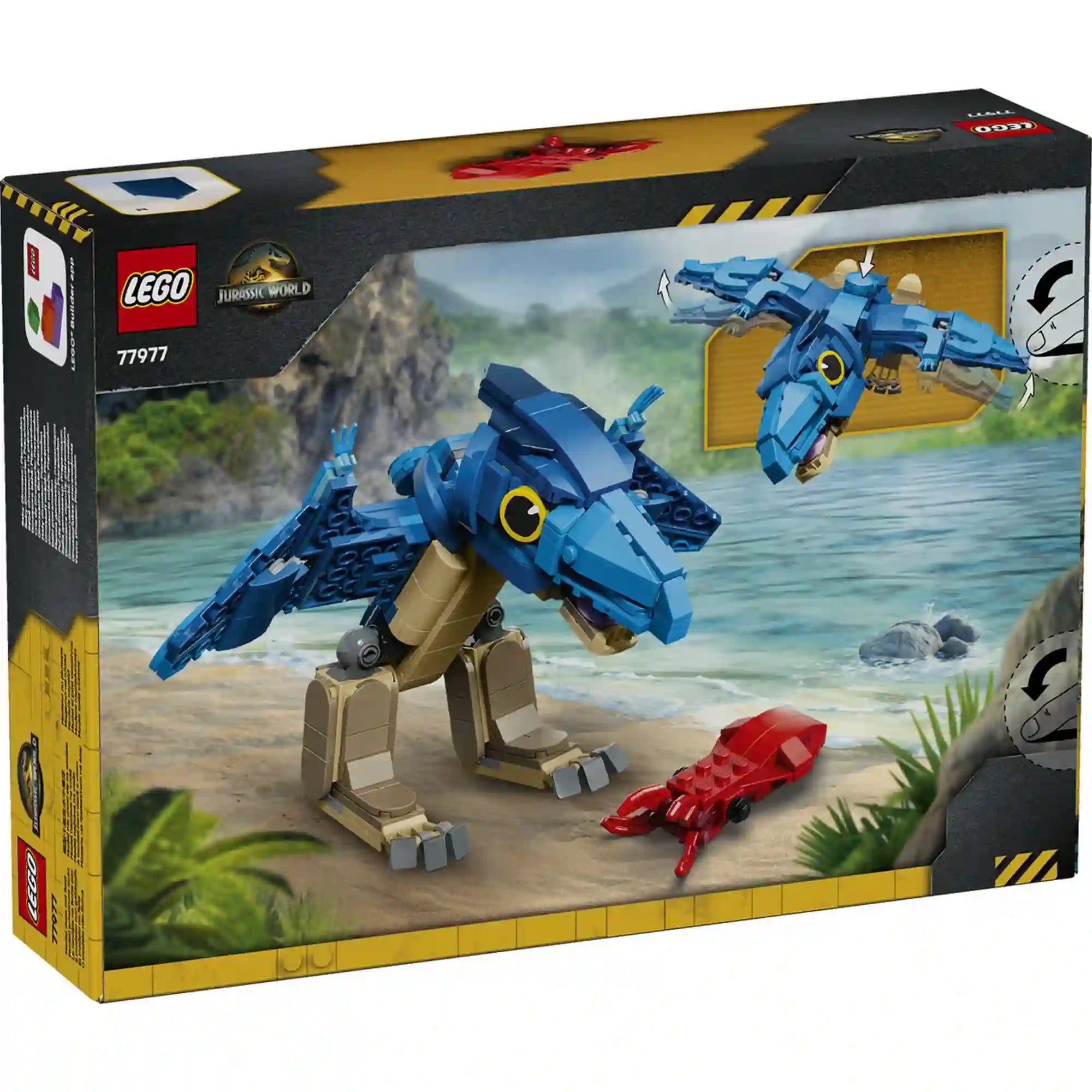 Doboz hátulja: A LEGO Jurassic World Bébi pteranodon (77977) készlet hátoldala, amely bemutatja a figura mozgatható szárnyait, csőrét és kiállítási lehetőségeit