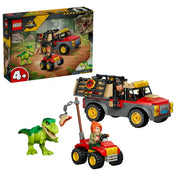 LEGO Jurassic World Fiatal T. rex szállító teherautó (77978) készlet a dobozzal, teherautóval, quaddal, minifigurákkal és T. rex figurával.