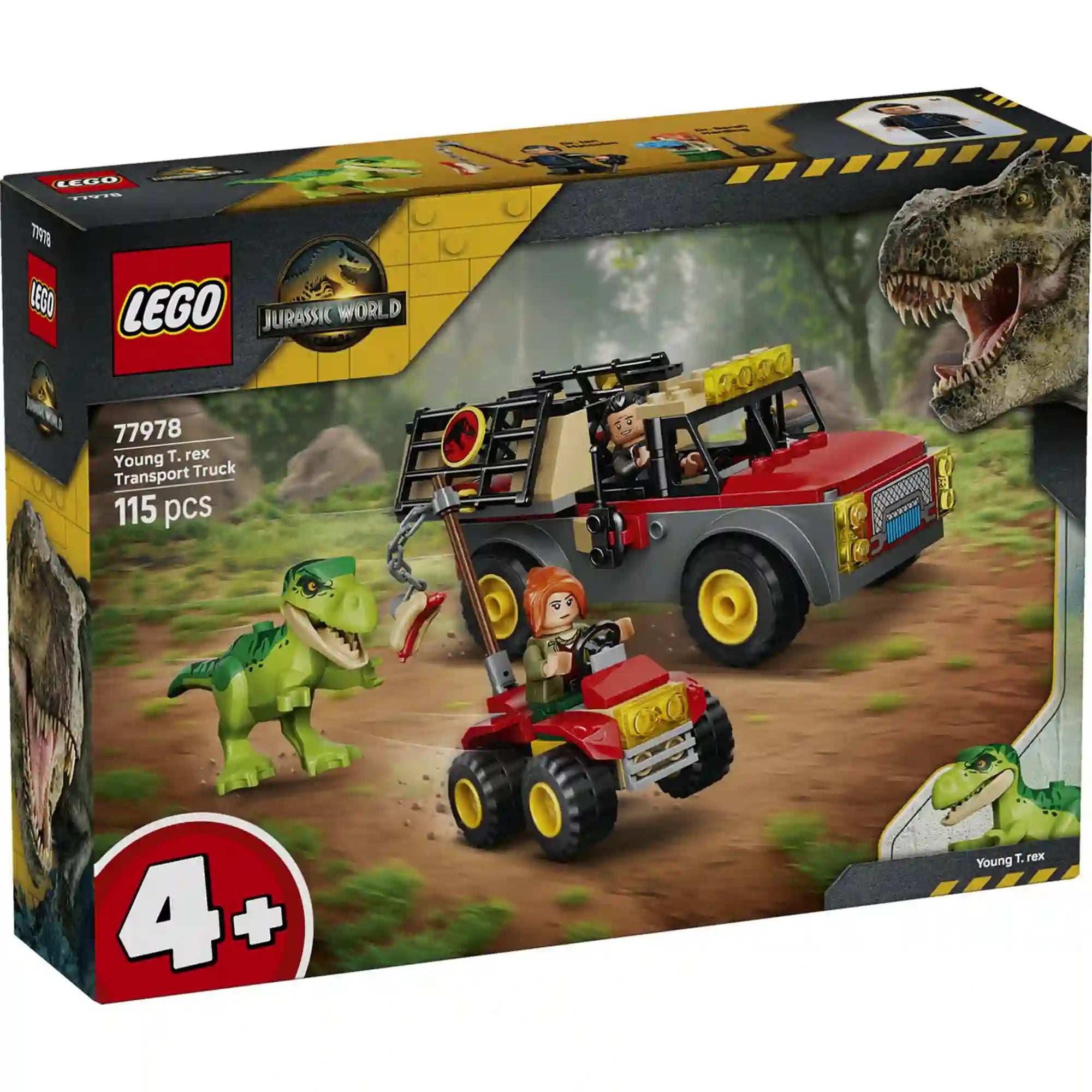 LEGO Jurassic World Fiatal T. rex szállító teherautó (77978) készlet doboza fiatal T. rex figurával, szállítóteherautóval és quaddal.