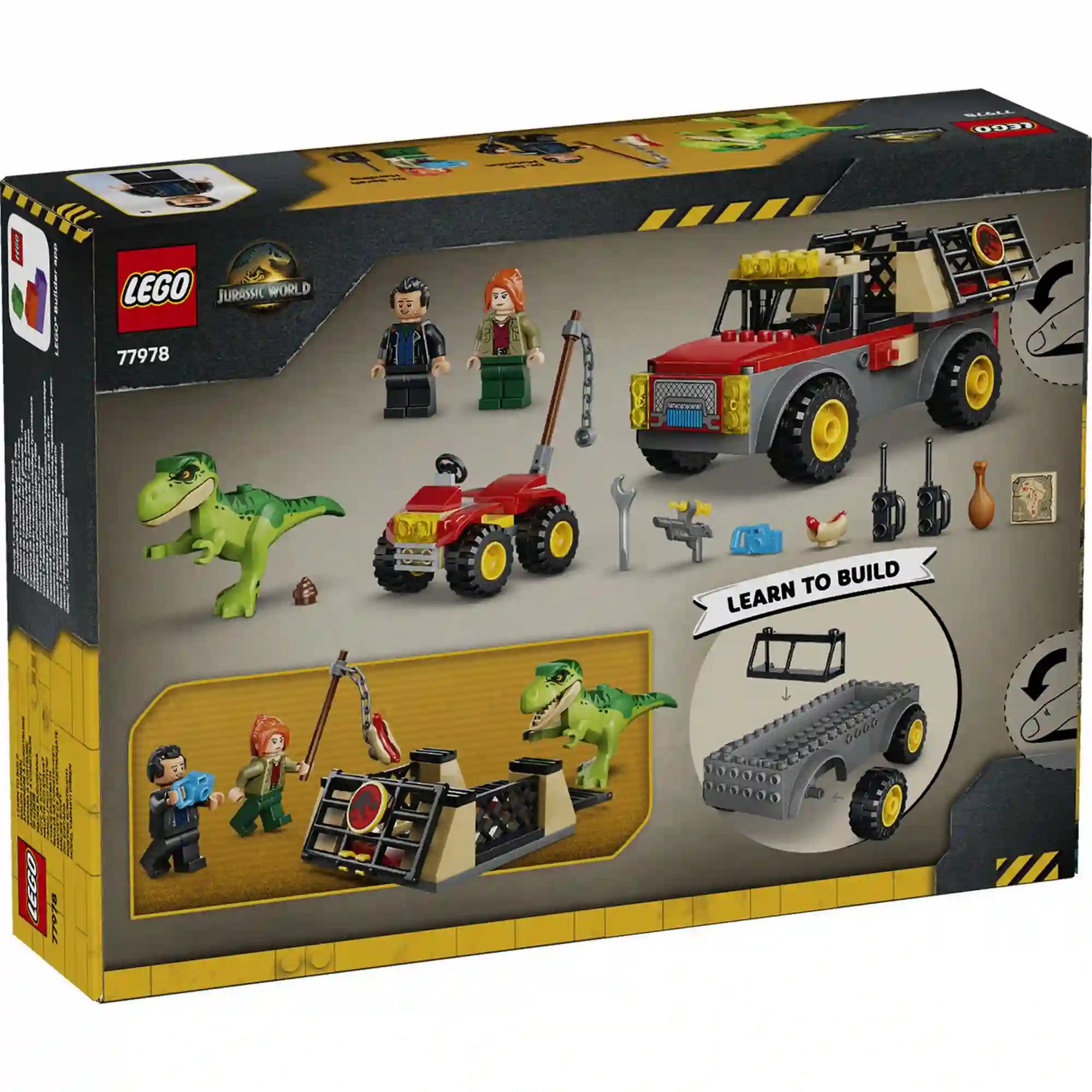 A LEGO Jurassic World Fiatal T. rex szállító teherautó készlet hátoldala, amely bemutatja a játék funkcióit és a játéklehetőségeket.