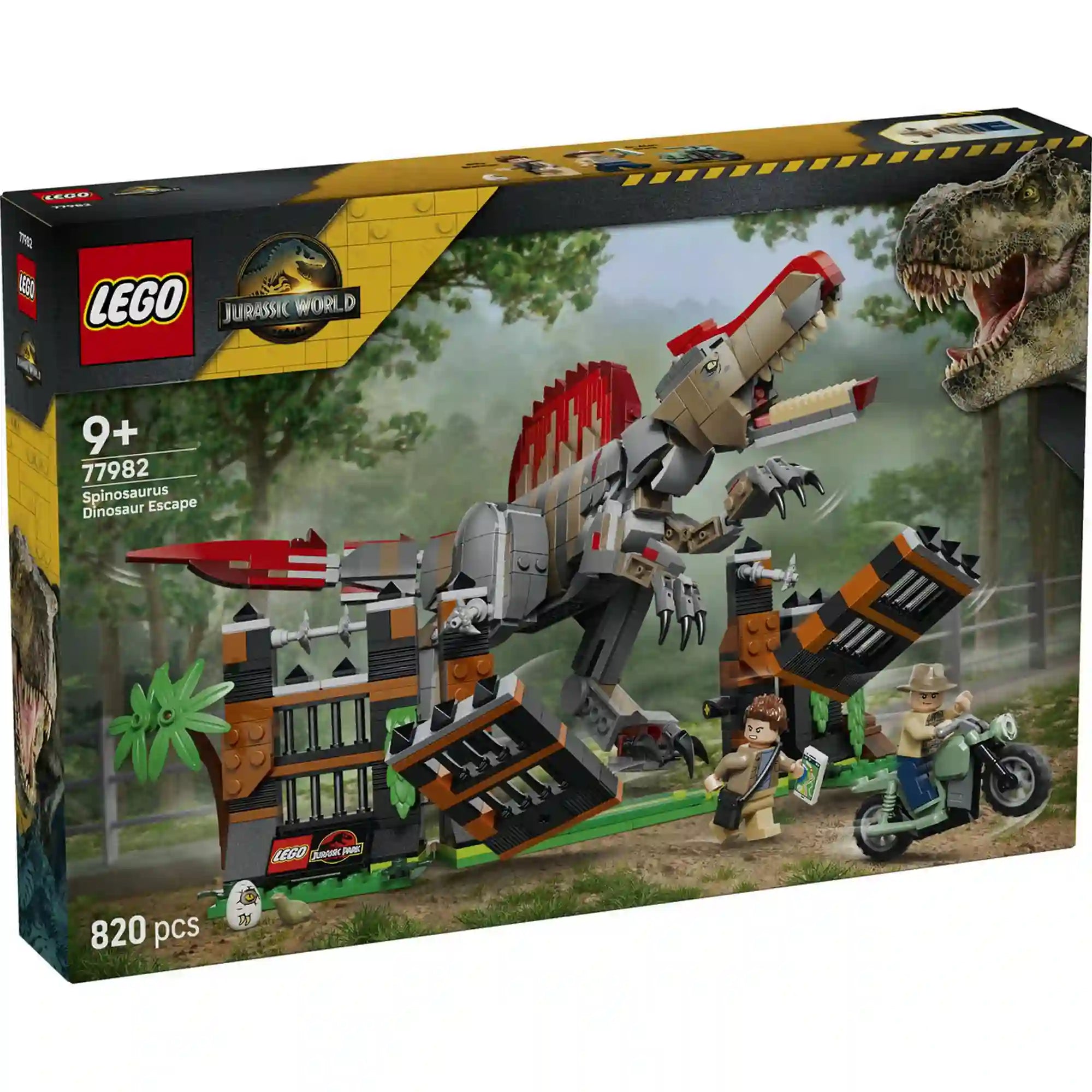 Doboz eleje: LEGO Jurassic World Menekülés a spinosaurus elől (77982) készlet doboza hatalmas Spinosaurus figurával, kifutóval és motorkerékpárral.