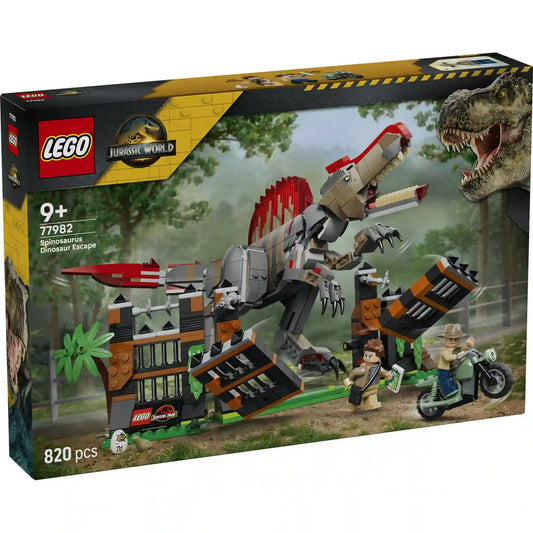 Doboz eleje: LEGO Jurassic World Menekülés a spinosaurus elől (77982) készlet doboza hatalmas Spinosaurus figurával, kifutóval és motorkerékpárral.