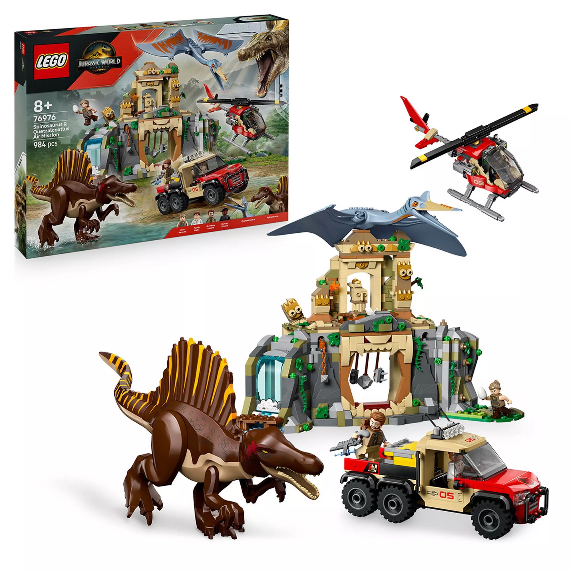 A LEGO Jurassic World 76976 készlet teljes tartalma felépítve: Spinosaurus, Quetzalcoatlus, templom csapdákkal, helikopter és terepjáró, a dobozképpel együtt bemutatva.”