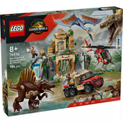 „A LEGO Jurassic World 76976 Spinosaurus és Quetzalcoatlus légi küldetés doboza, rajta a hatalmas Spinosaurus figurával, a Quetzalcoatlus repülő dino modellel, a templomos játéktérrel, a helikopterrel és a terepjáróval.”