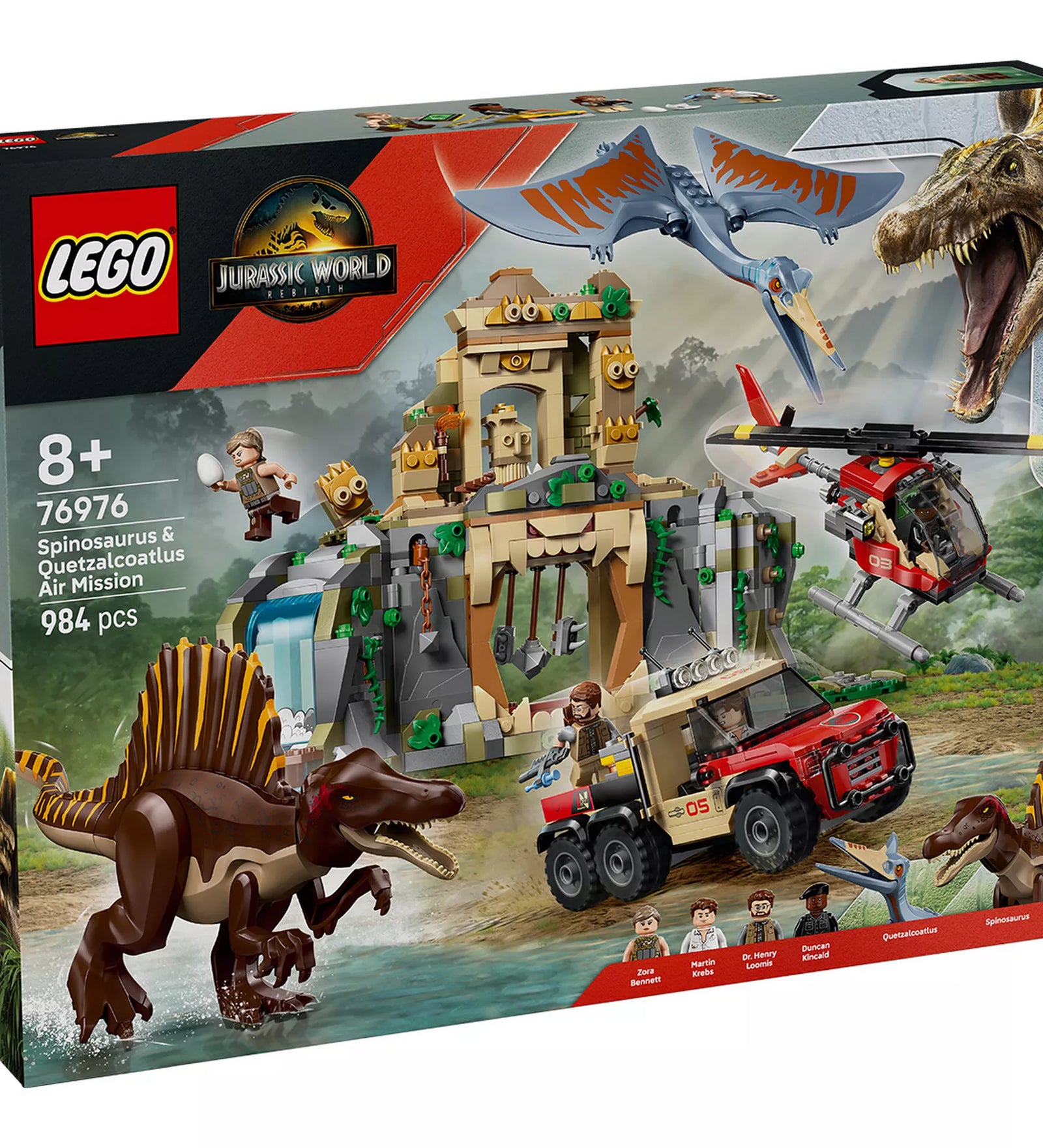 „A LEGO Jurassic World 76976 Spinosaurus és Quetzalcoatlus légi küldetés doboza, rajta a hatalmas Spinosaurus figurával, a Quetzalcoatlus repülő dino modellel, a templomos játéktérrel, a helikopterrel és a terepjáróval.”