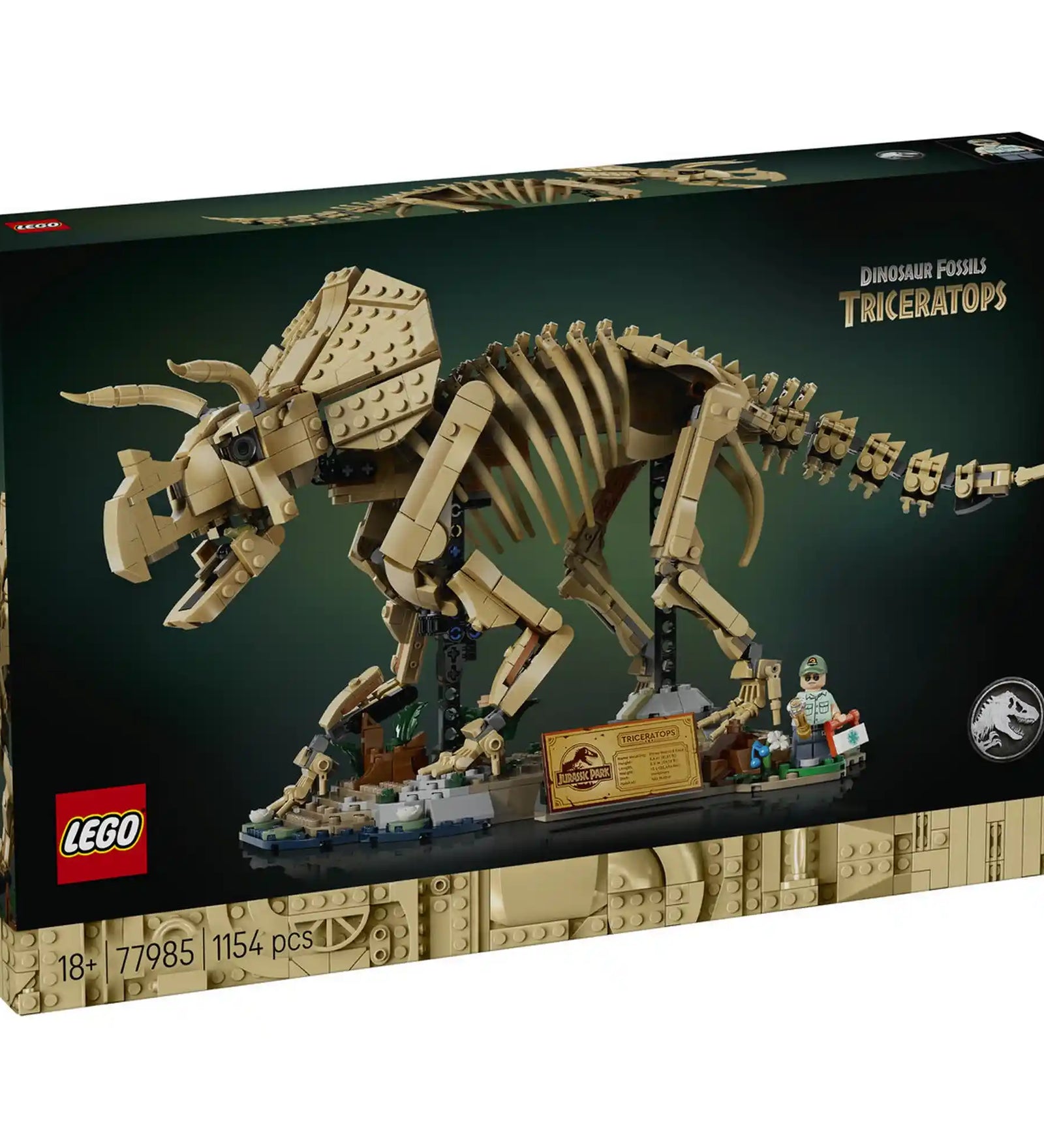 LEGO Jurassic World Dinoszaurusz maradványok: Triceratops (77985) készlet elülső dobozképe a részletgazdag dinoszaurusz csontváz modellel és Dr. Gerry Harding minifigurával.