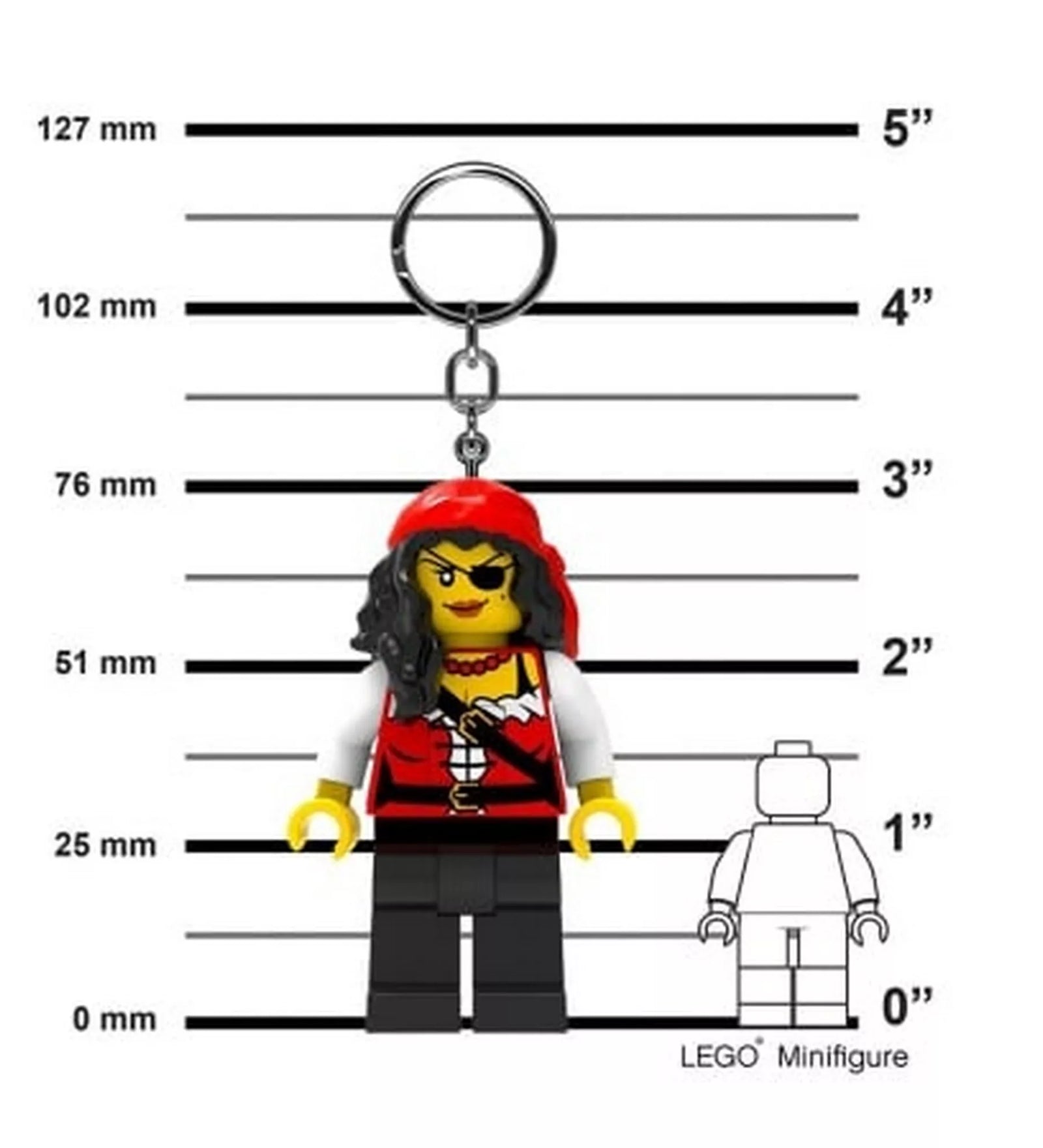 A LEGO Kaloz hercegno LED kulcstartó méretaránya: a kalóz minifigura kulcskarikával egy magasságskálán, a méretek milliméterben és hüvelykben jelölve.