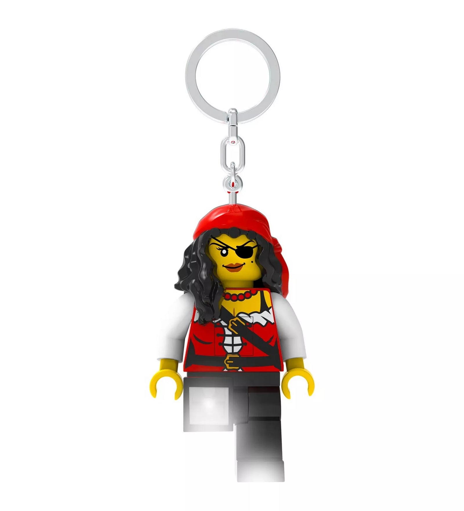 A LEGO Kaloz hercegno LED kulcstartó figurája: piros kendős, szemkendős kalóz minifigura fekete nadrágban, kulcskarika felfüggesztéssel.