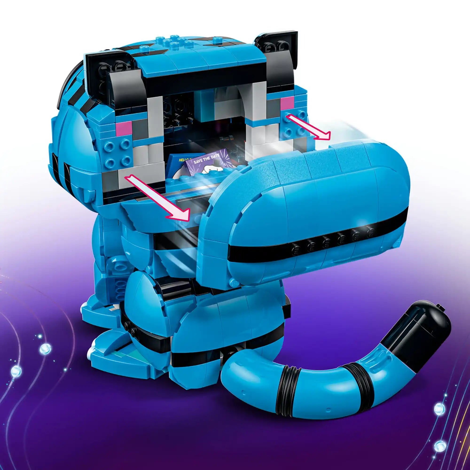 A LEGO KPop Demon Hunters: Derpy tigris és Sussie madár 72537 Derpy tigrisének nyitható hátoldala, amelyben rejtett tárolórekesz található.