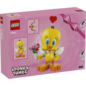 LEGO Looney Tunes: Cuki Csőrike 40824, 412 darabos – A LEGO doboz hátulnézetből, Csőrike angyalszárnyakkal és virágcsokorral.