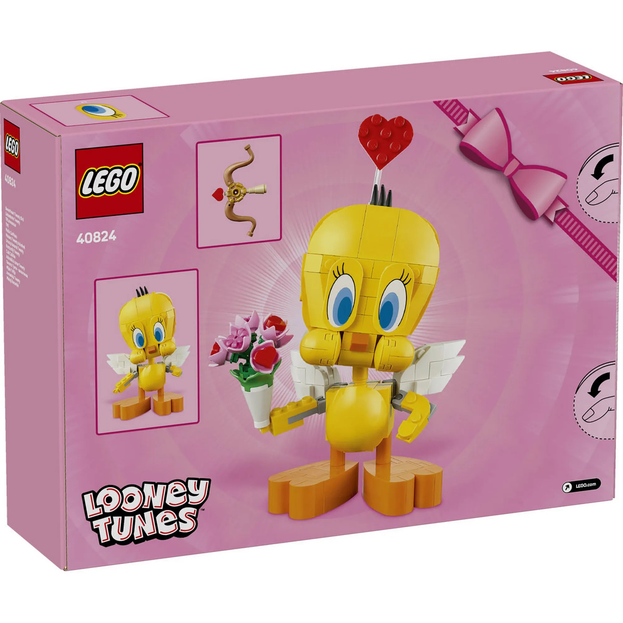 LEGO Looney Tunes: Cuki Csőrike 40824, 412 darabos – A LEGO doboz hátulnézetből, Csőrike angyalszárnyakkal és virágcsokorral.