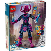 „LEGO Marvel A Fantasztikus Négyes vs. Galactus építőfigura hátoldala, Galactus figurával és jelenetekkel.”