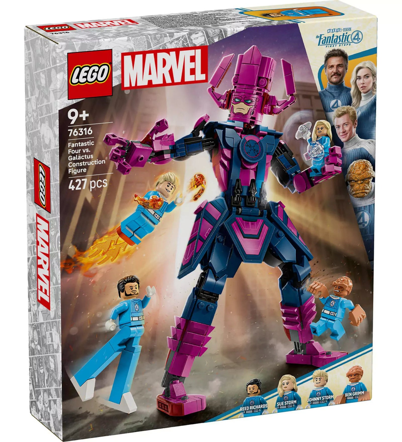 „LEGO Marvel A Fantasztikus Négyes vs. Galactus építőfigura doboza négy minifigurával és hatalmas Galactus modellel.”