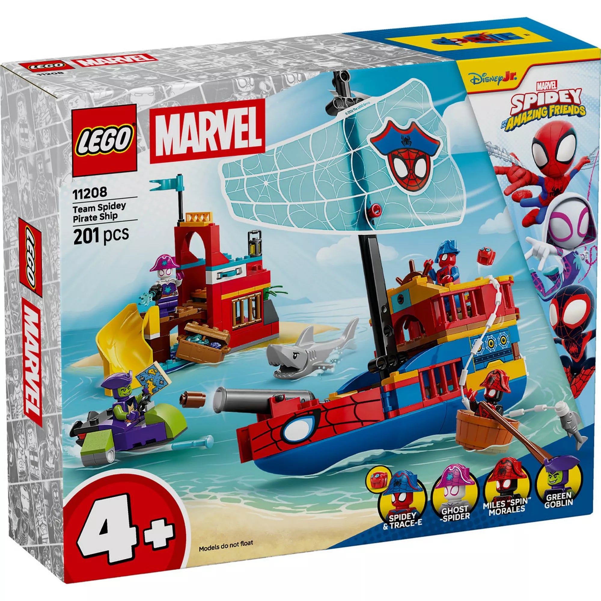 LEGO Marvel Spidey csapat kalózhajója (11208) készlet dobozának eleje, kalózhajóval, Pók-szigettel, Spidey, Pókfantom, Miles Morales és Zöld Manó minifigurákkal, 4 éves kortól.