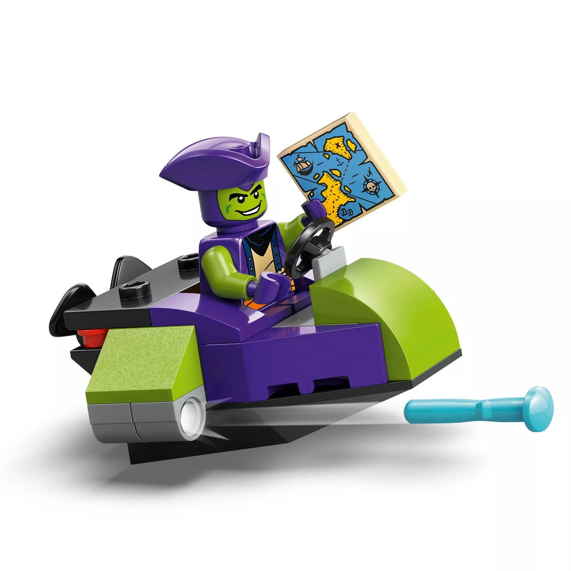 LEGO Marvel Zöld Manó minifigura lila-zöld vízi járművön, térképes kiegészítővel, a Spidey csapat kalózhajója (11208) készlet részeként.