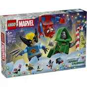 A LEGO Marvel 2026-os adventi naptár dobozának eleje, Rozsomákkal, Pókemberrel, Doctor Doommal és havas karácsonyi várossal.