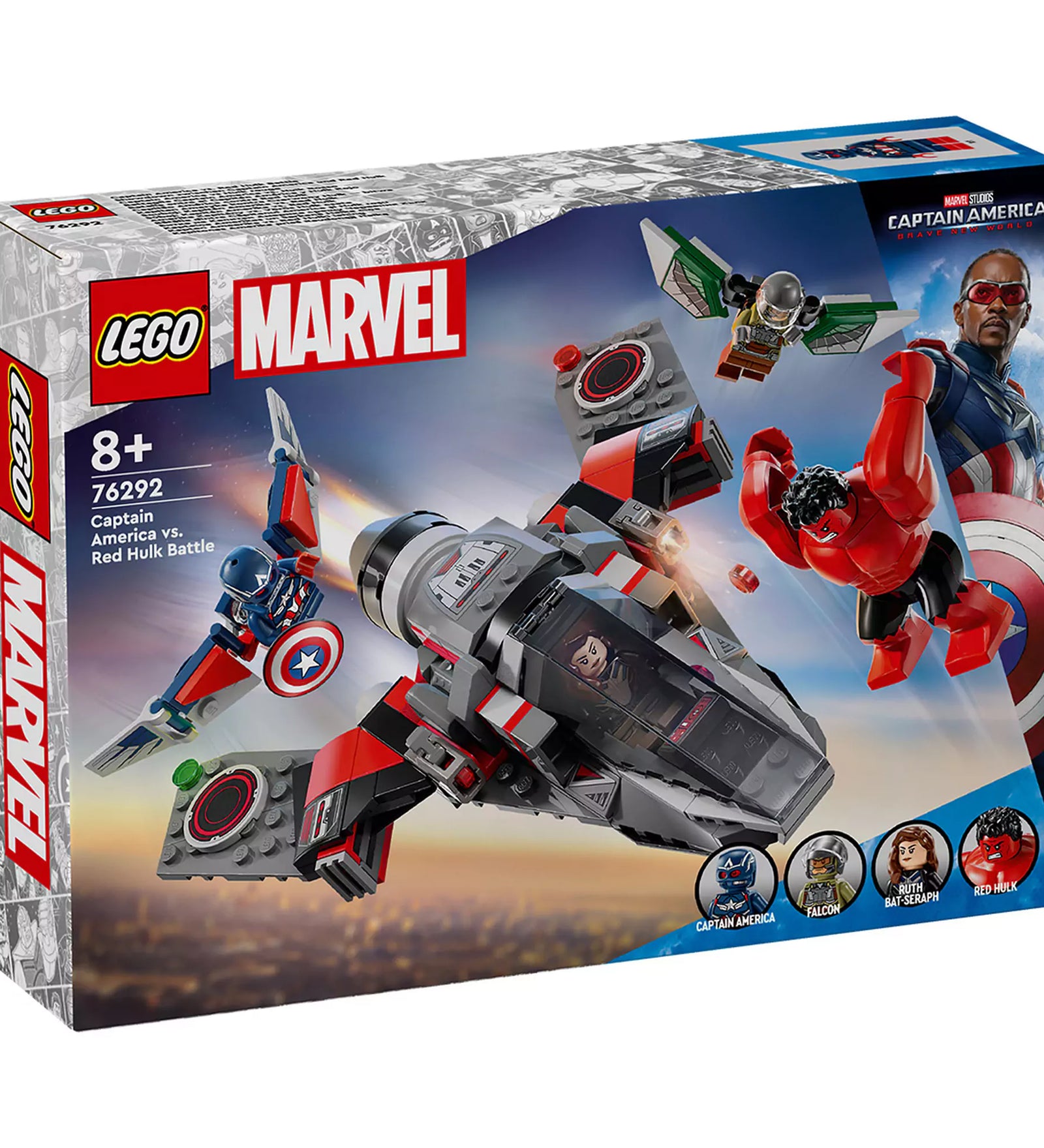 LEGO Marvel Amerika Kapitány vs. Vörös Hulk csata (76292) készlet doboza, akciójelenettel és szereplőkkel a borítón