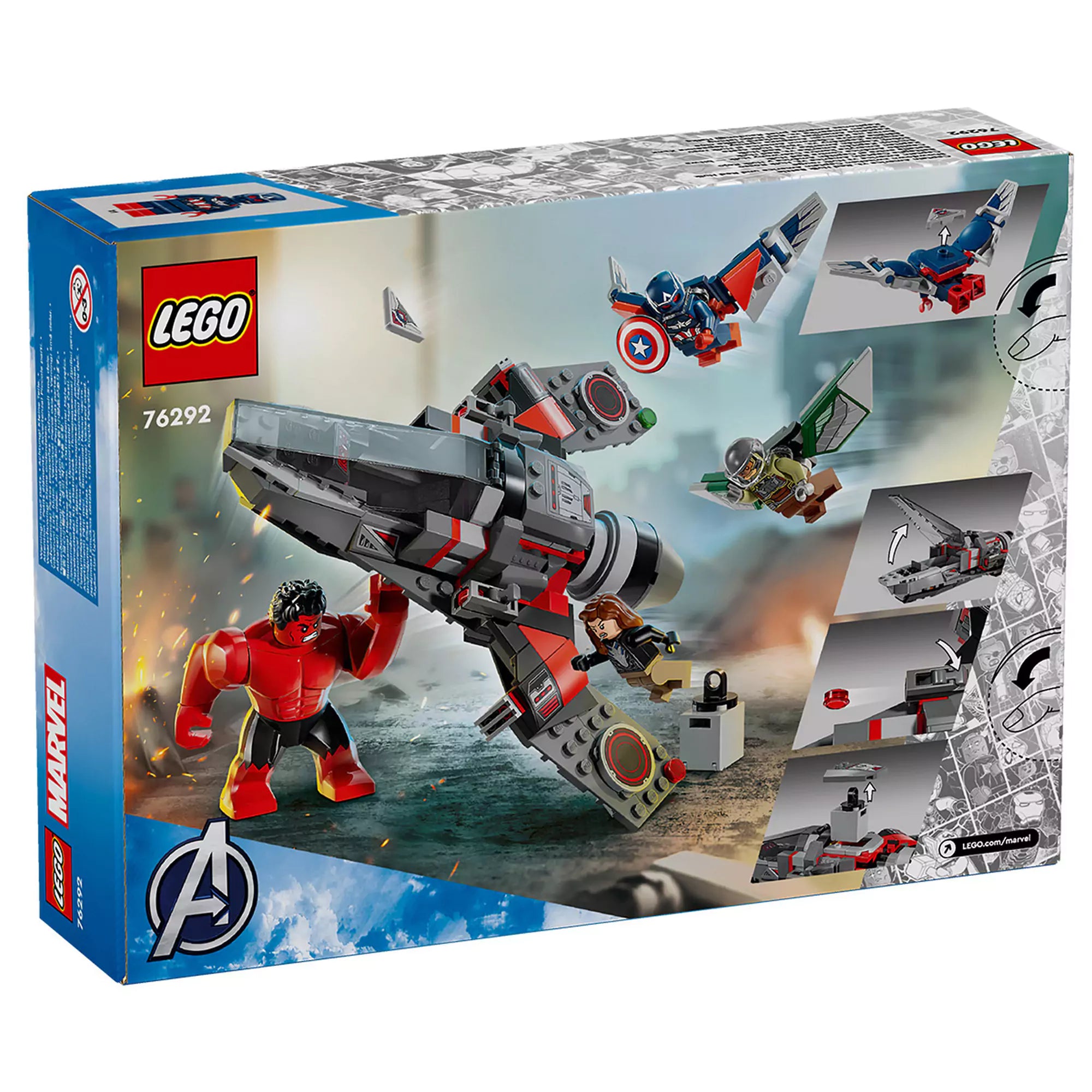 LEGO Marvel Amerika Kapitány vs. Vörös Hulk csata (76292) doboz hátoldala, részletes jelenetekkel és funkciókkal