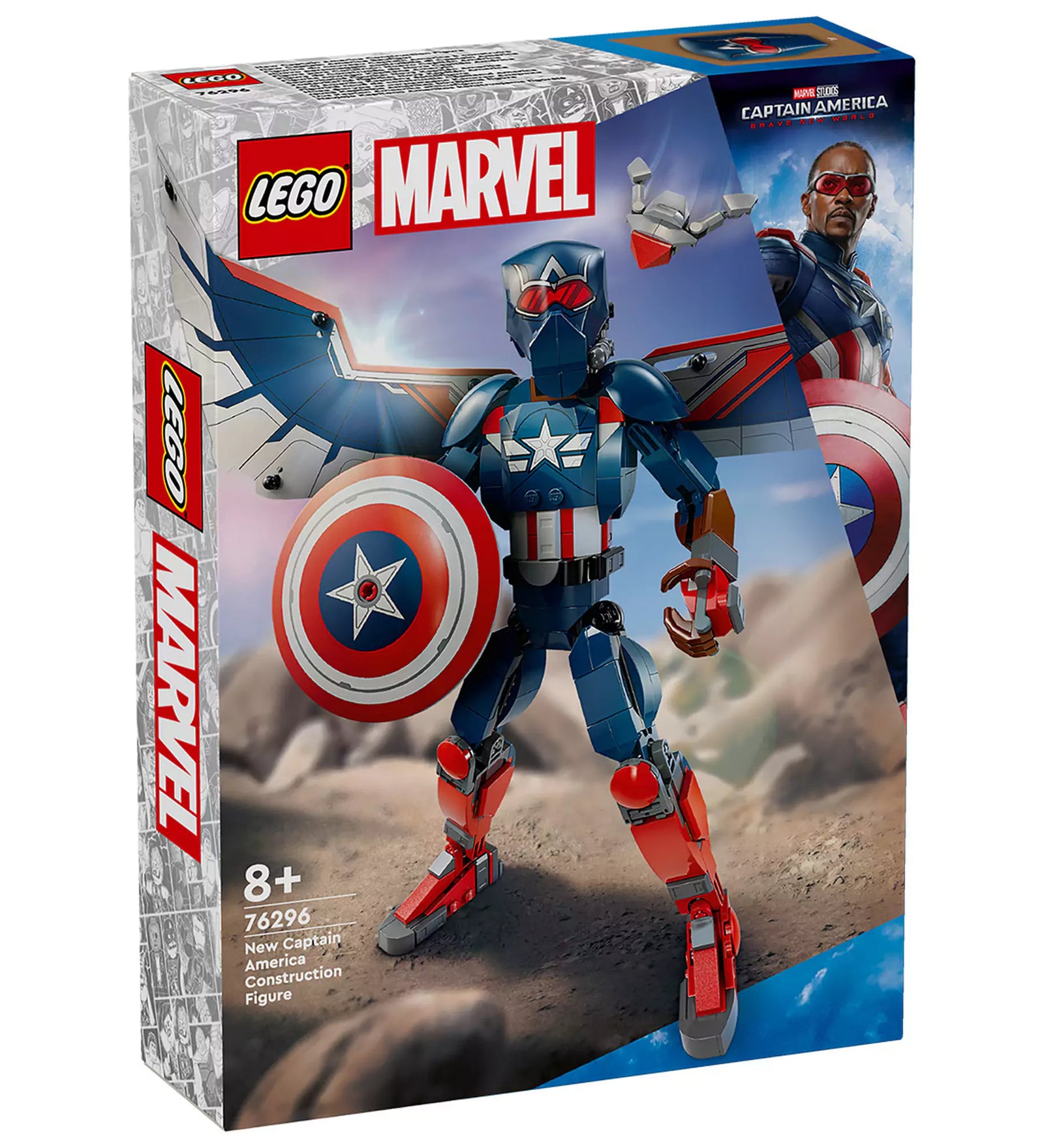LEGO Marvel Az új Amerika Kapitány építőfigura (76296) doboza, a szárnyas szuperhős pajzzsal és drónnal pózol a csomagolás elején.