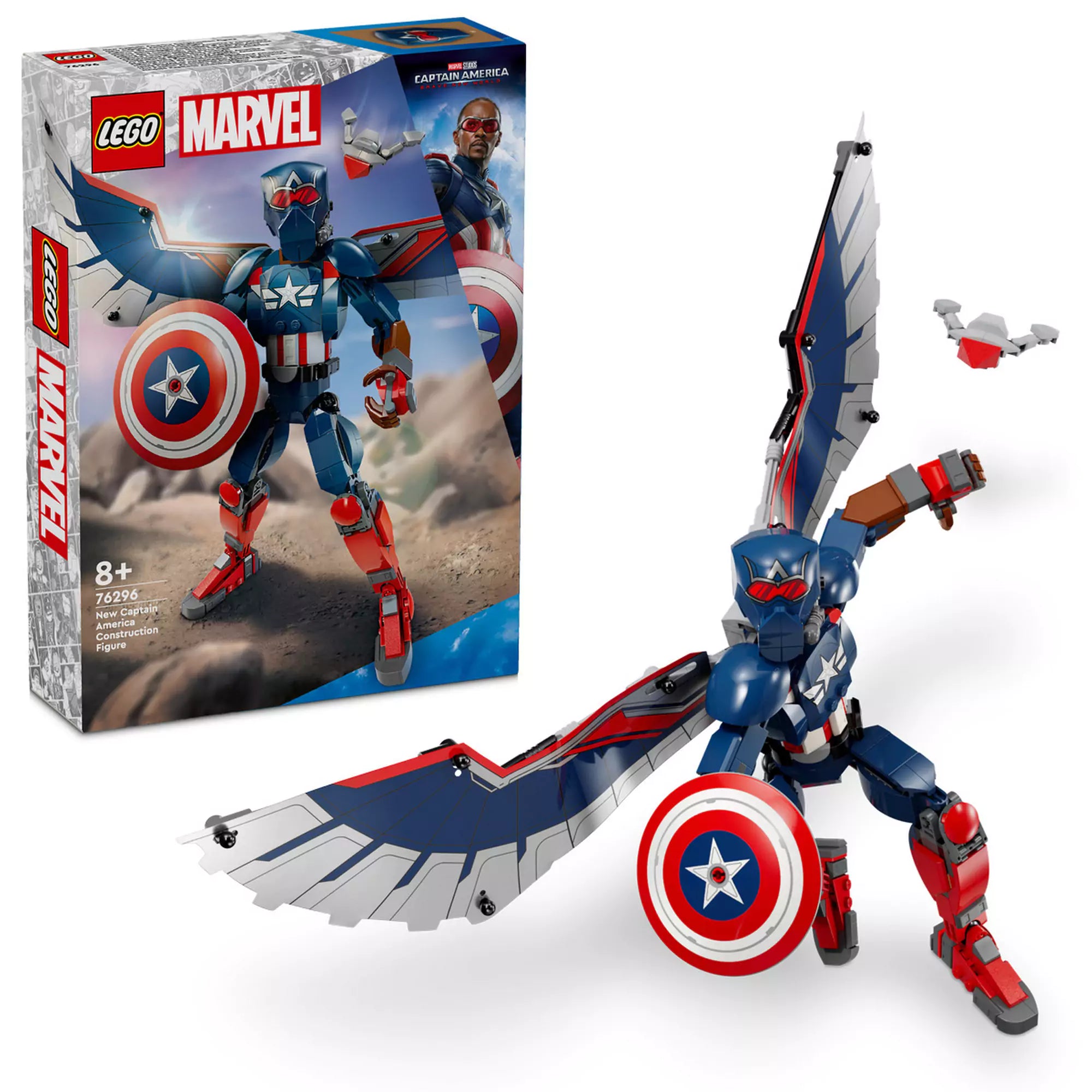  LEGO Marvel Az új Amerika Kapitány építőfigura (76296) doboza és a megépített figura akció közben, Redwing drónnal kiegészítve.