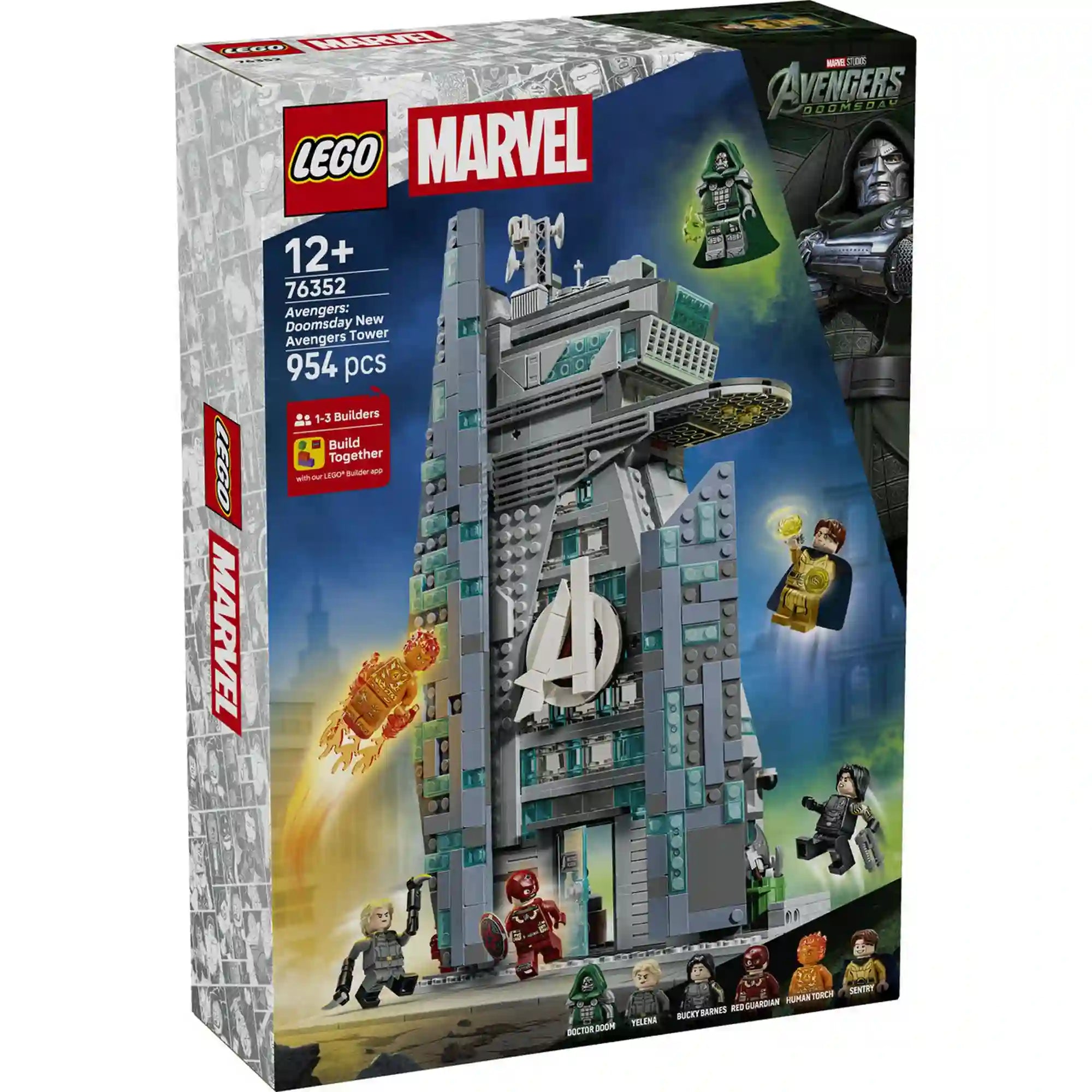 LEGO Marvel 76352 Az új Bosszúállók tornya készlet dobozának eleje a négyszintes épülettel.