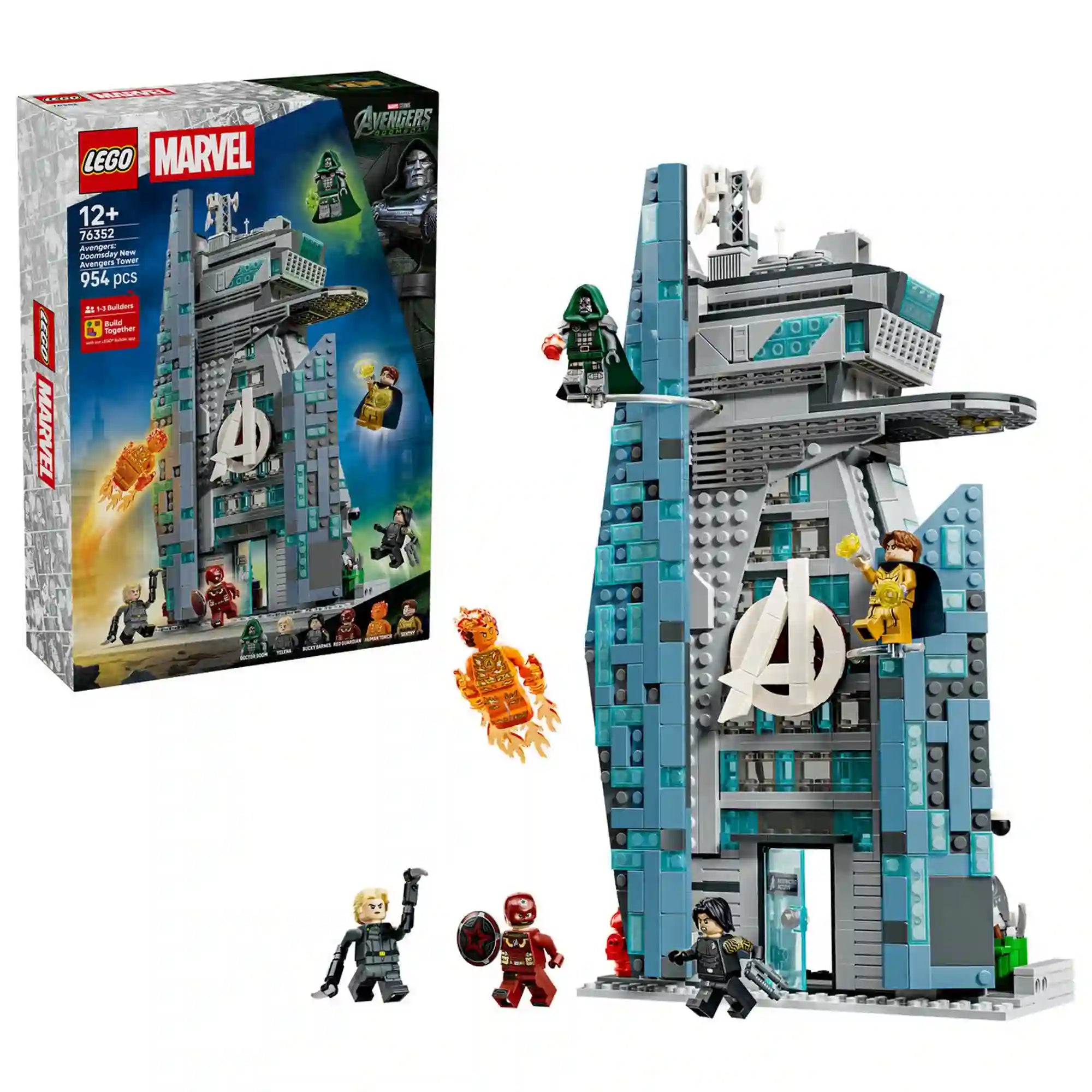 LEGO Marvel 76352 készlet doboza és az elkészült Bosszúállók tornya Marvel minifigurákkal.