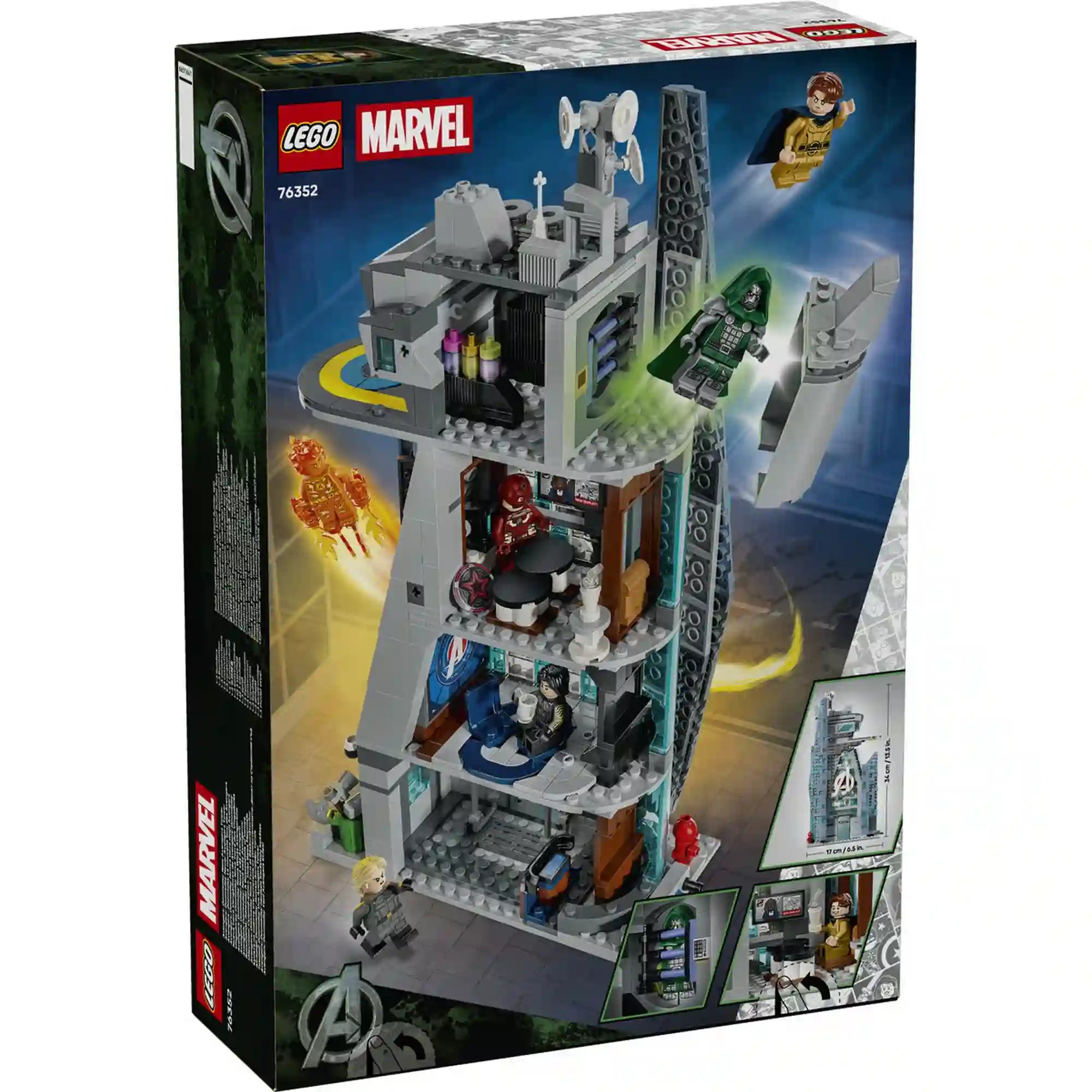 LEGO Marvel 76352 dobozának hátoldala a Bosszúállók tornyának berendezett szintjeivel.