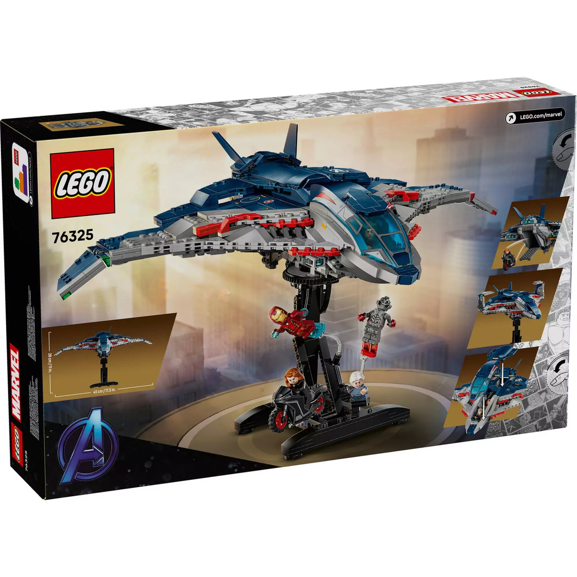 A LEGO Marvel Quinjet (76325) hátoldala, a repülő a tartóállványon látható, minifigurákkal és játéklehetőségekkel.