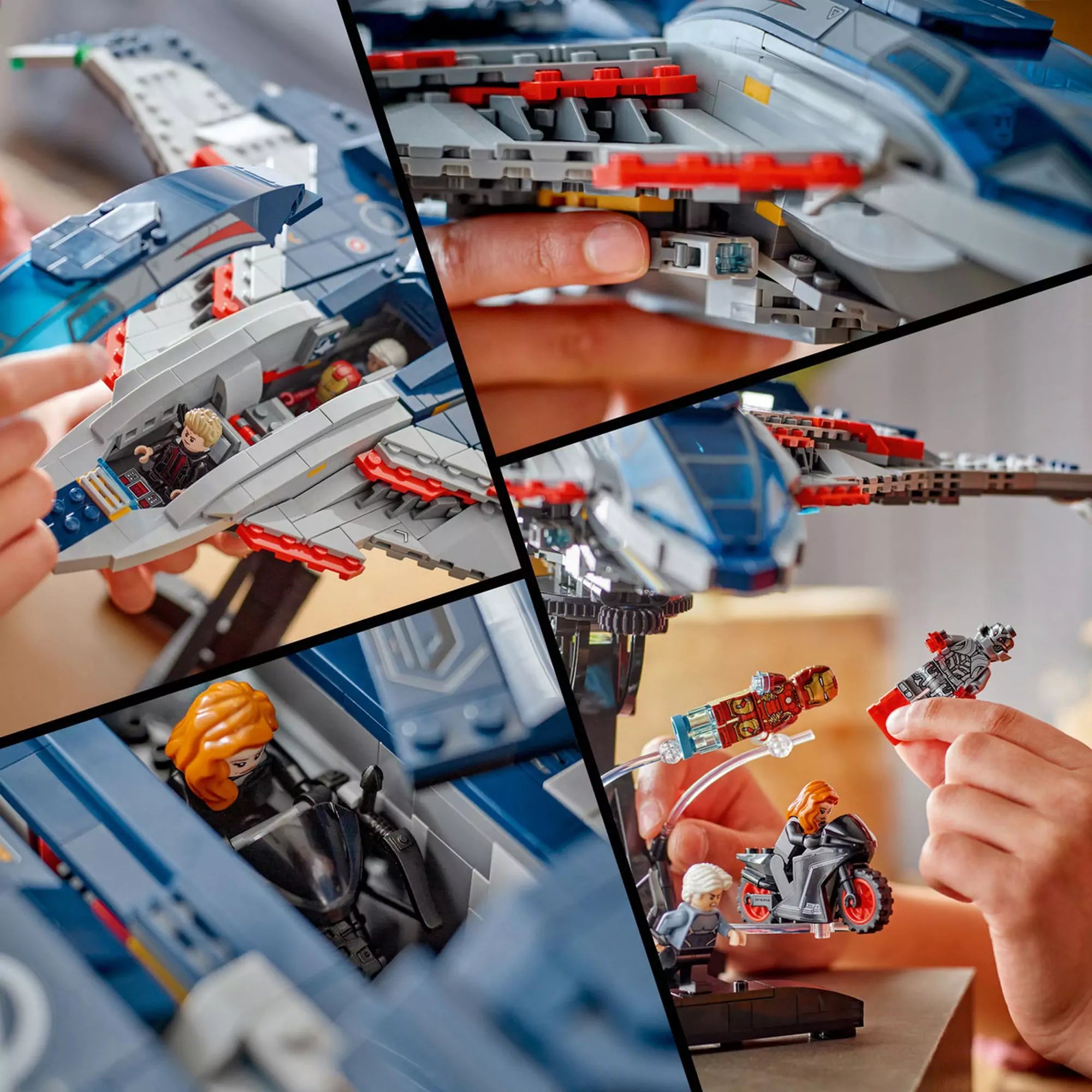 A LEGO Marvel Quinjet (76325) belső tere és funkciói, minifigurák pilótafülkében, motoron és repülő mozdulatokban.