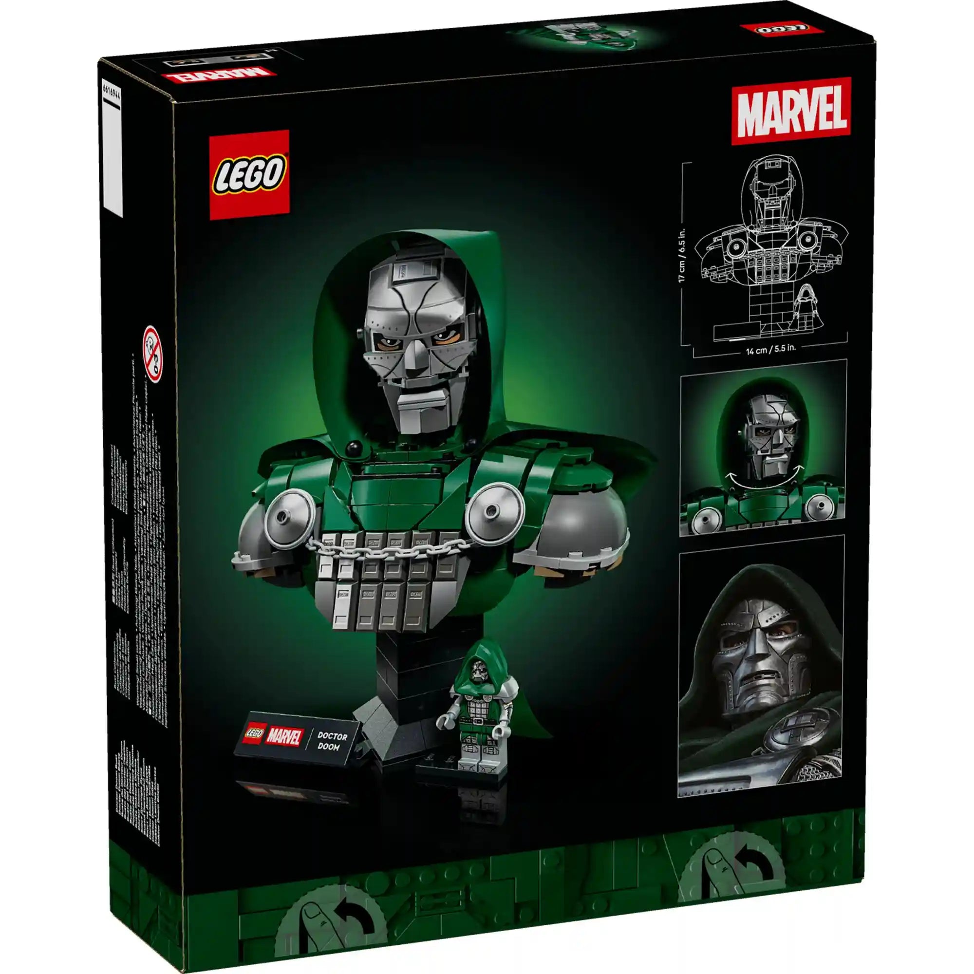 LEGO Marvel Doctor Doom mellszobor 76345 dobozának hátoldala méretekkel és állítható fejjel
