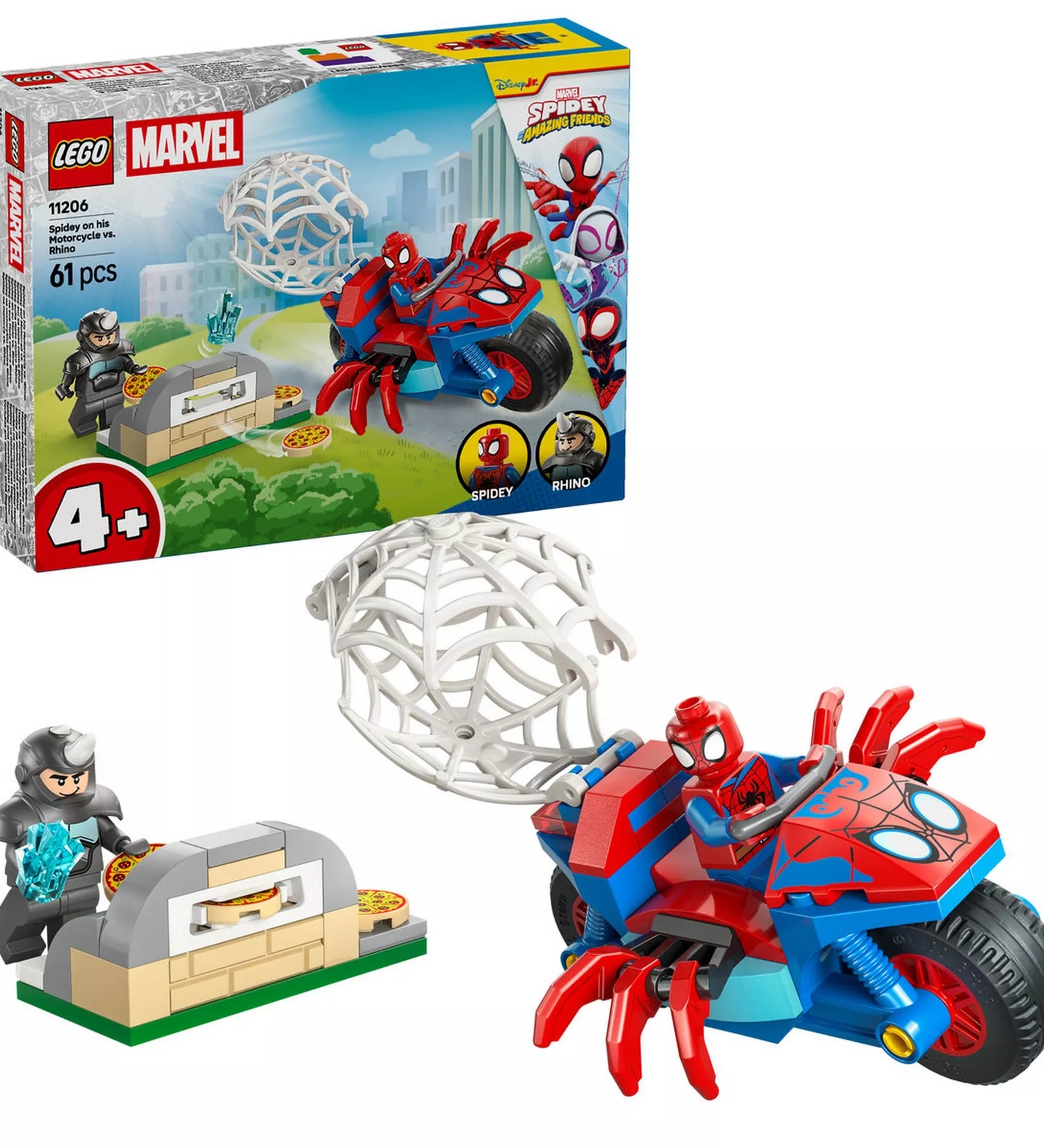 LEGO Marvel Spidey a motorján vs Rhino (11206) készlet bemutatóképe dobozzal, Spidey motorral, Rhino minifigurával és pókhálós akcióelemekkel.