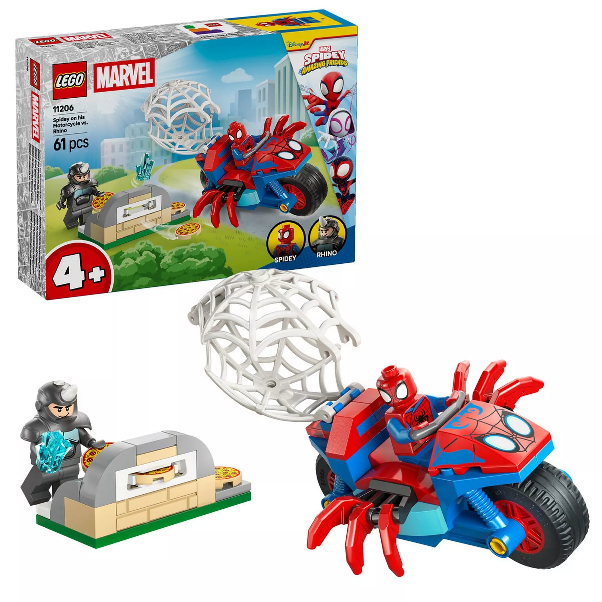 LEGO Marvel Spidey a motorján vs Rhino (11206) készlet bemutatóképe dobozzal, Spidey motorral, Rhino minifigurával és pókhálós akcióelemekkel.