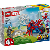 LEGO Marvel Spidey a motorján vs Rhino (11206) készlet dobozának eleje, Spidey motorral, Rhino minifigurával, pókhálós csapdával és pizzakemencével, 4 éves kortól.