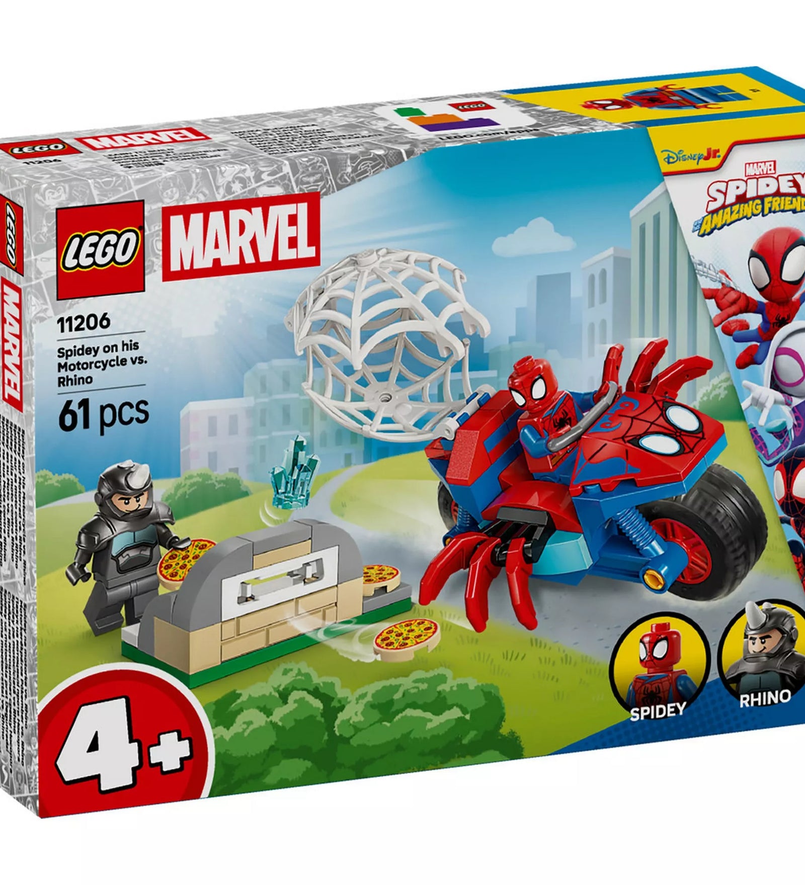 LEGO Marvel Spidey a motorján vs Rhino (11206) készlet dobozának eleje, Spidey motorral, Rhino minifigurával, pókhálós csapdával és pizzakemencével, 4 éves kortól.